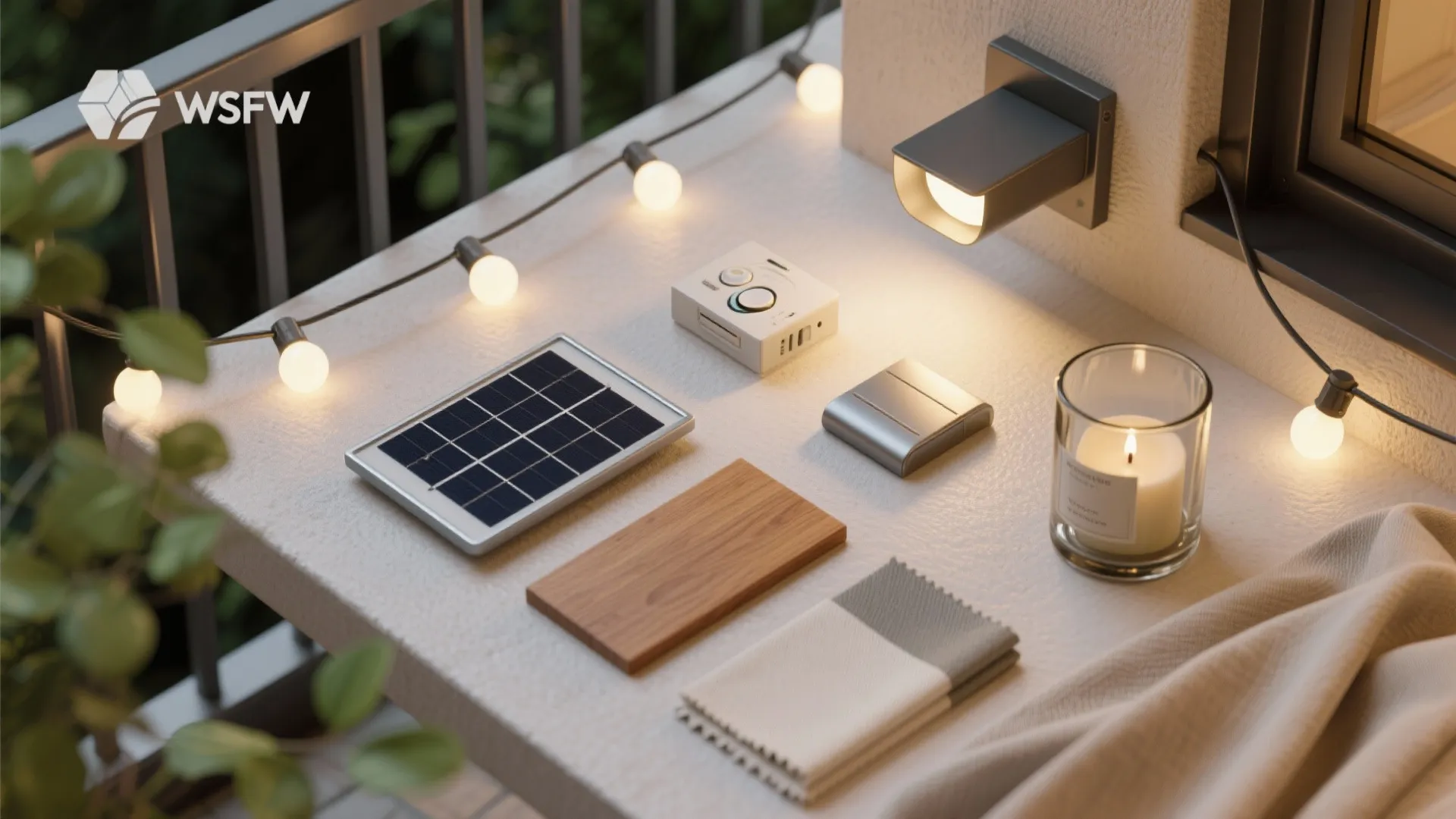 Table display showing solar panel light fixture wood sample fabric candle and string lights for balcony