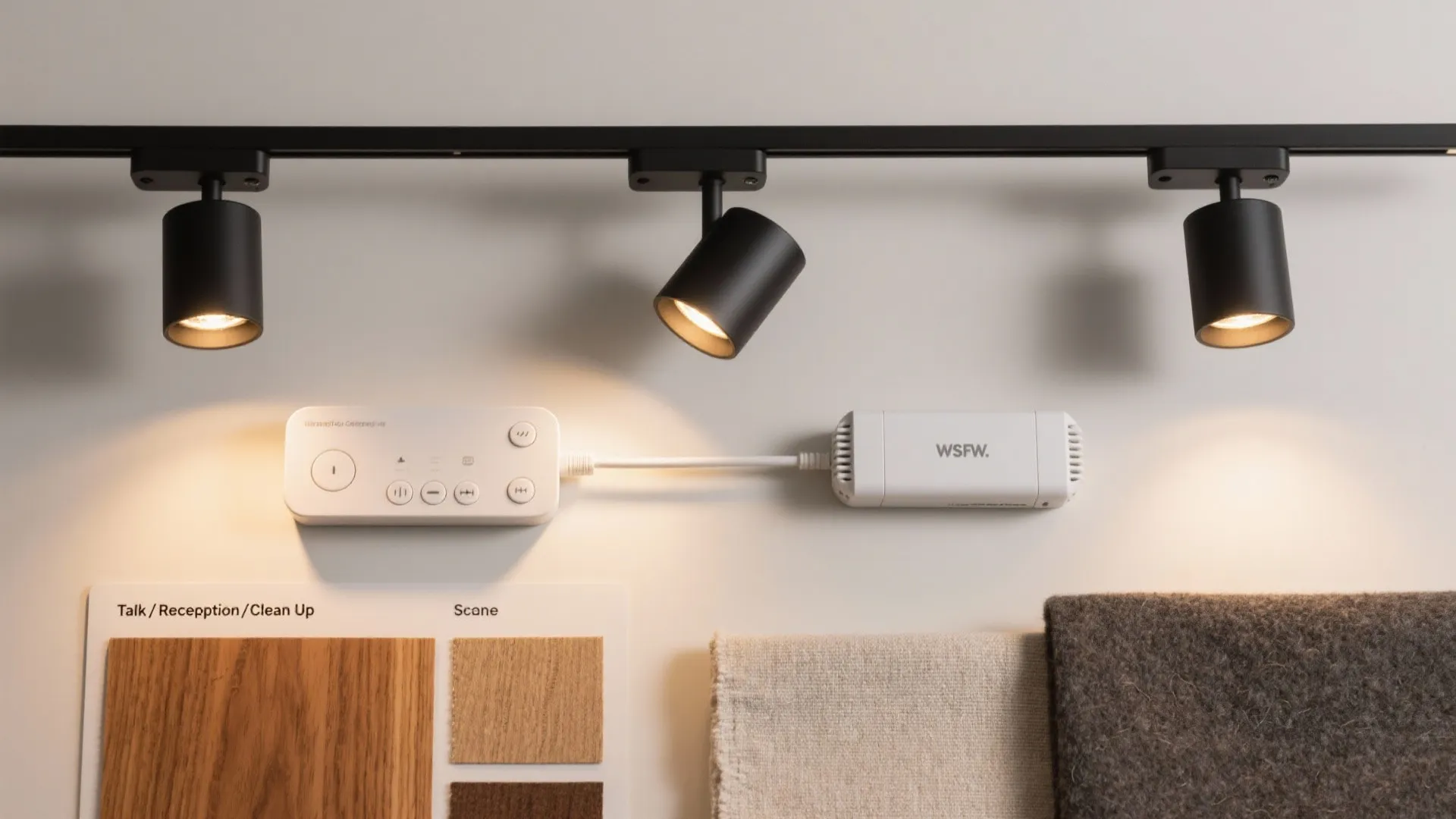 Track lights above a smart control panel with wood material samples and grey fabric swatches