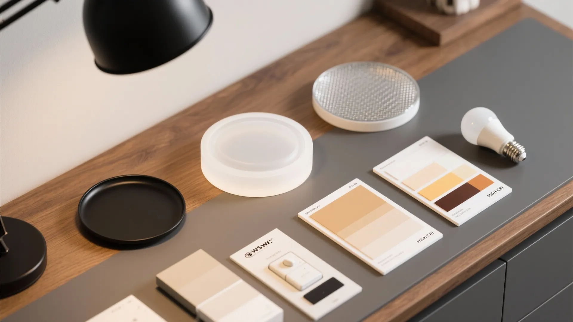 Various lighting materials including light bulb and color swatches arranged on a wooden table surface