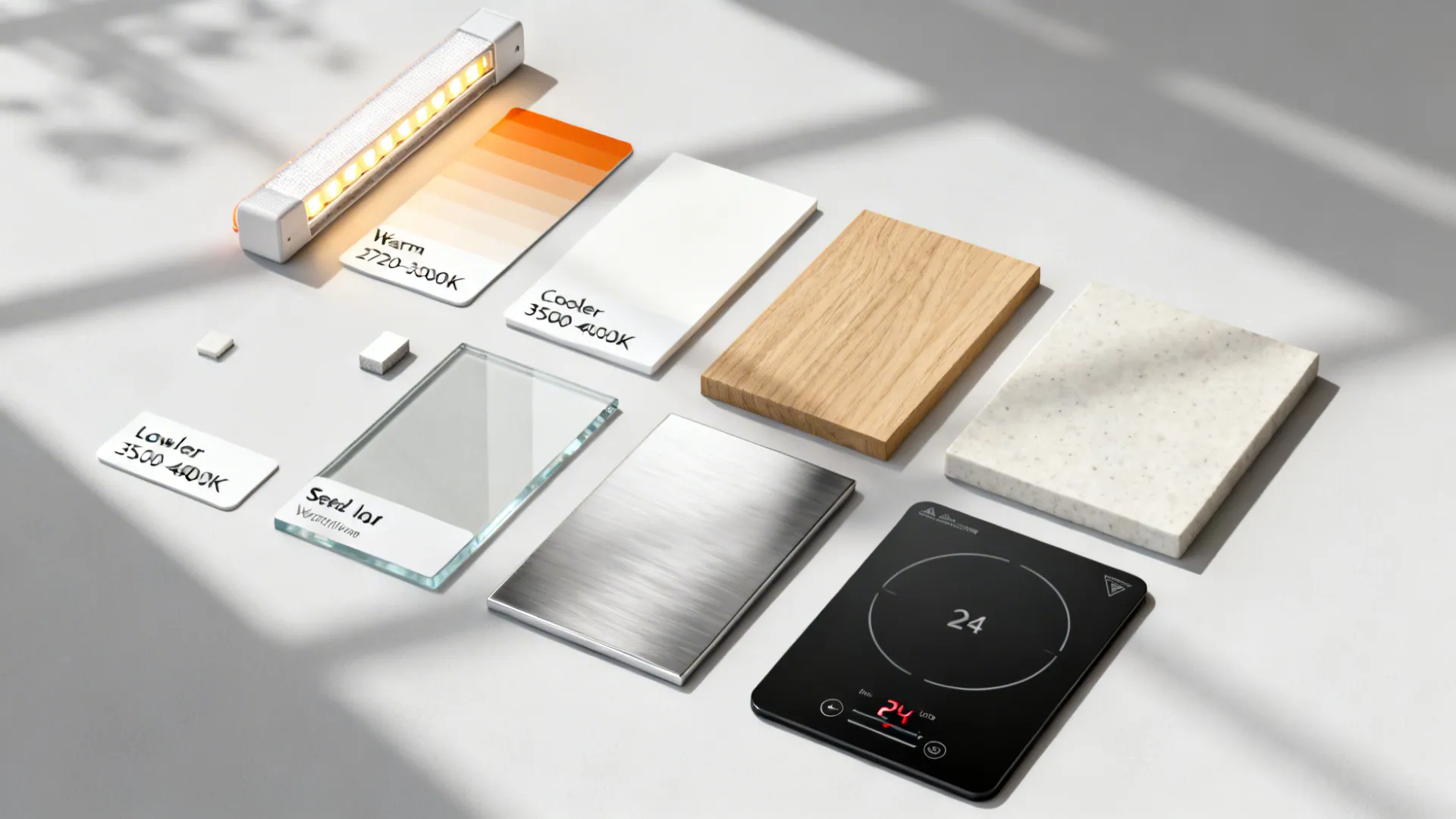 Interior design material samples showing light fixture wood glass stone and various color temperature cards
