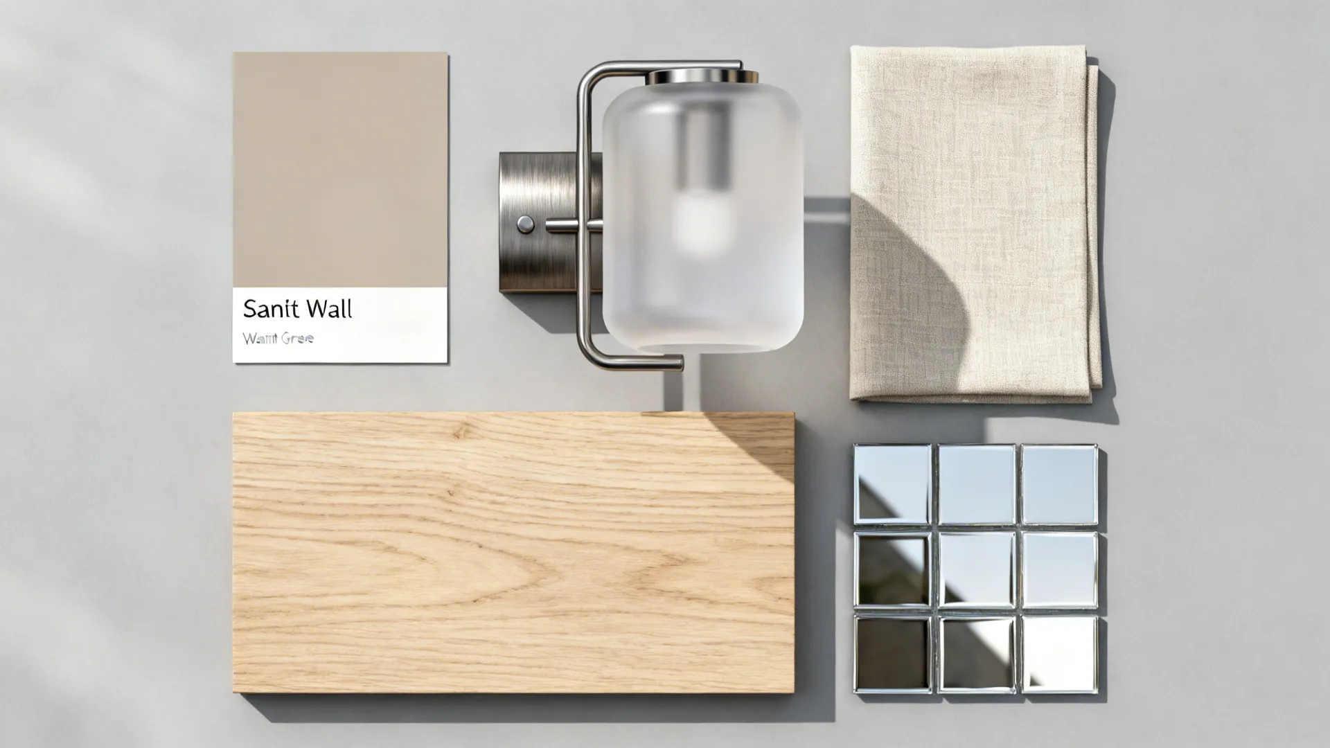 Flat lay of satin paint, brushed metal, frosted glass, light oak veneer, linen, and mirror glass in warm neutrals.