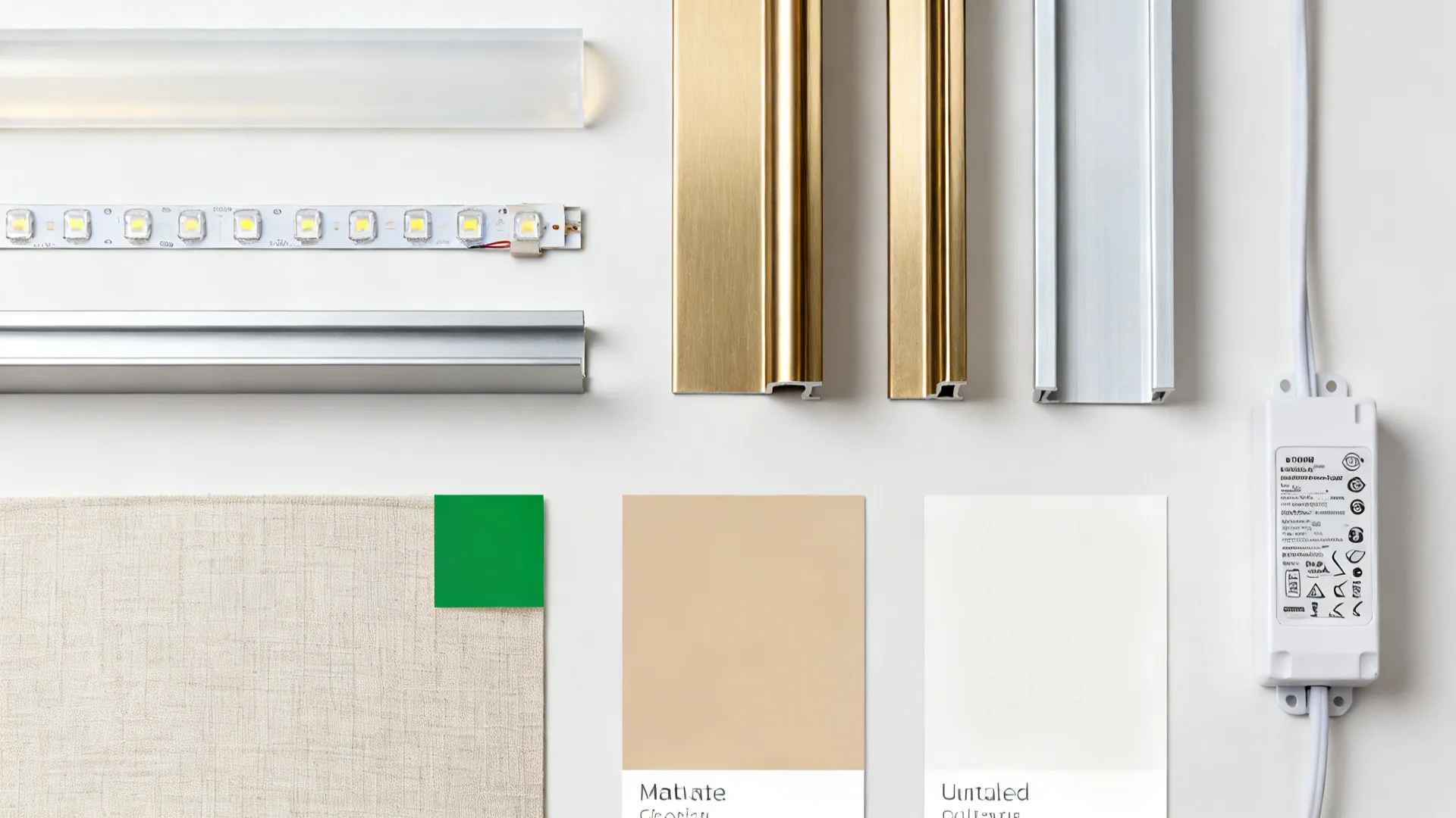 Flat lay of led strip lights metal profiles power driver and interior design color samples
