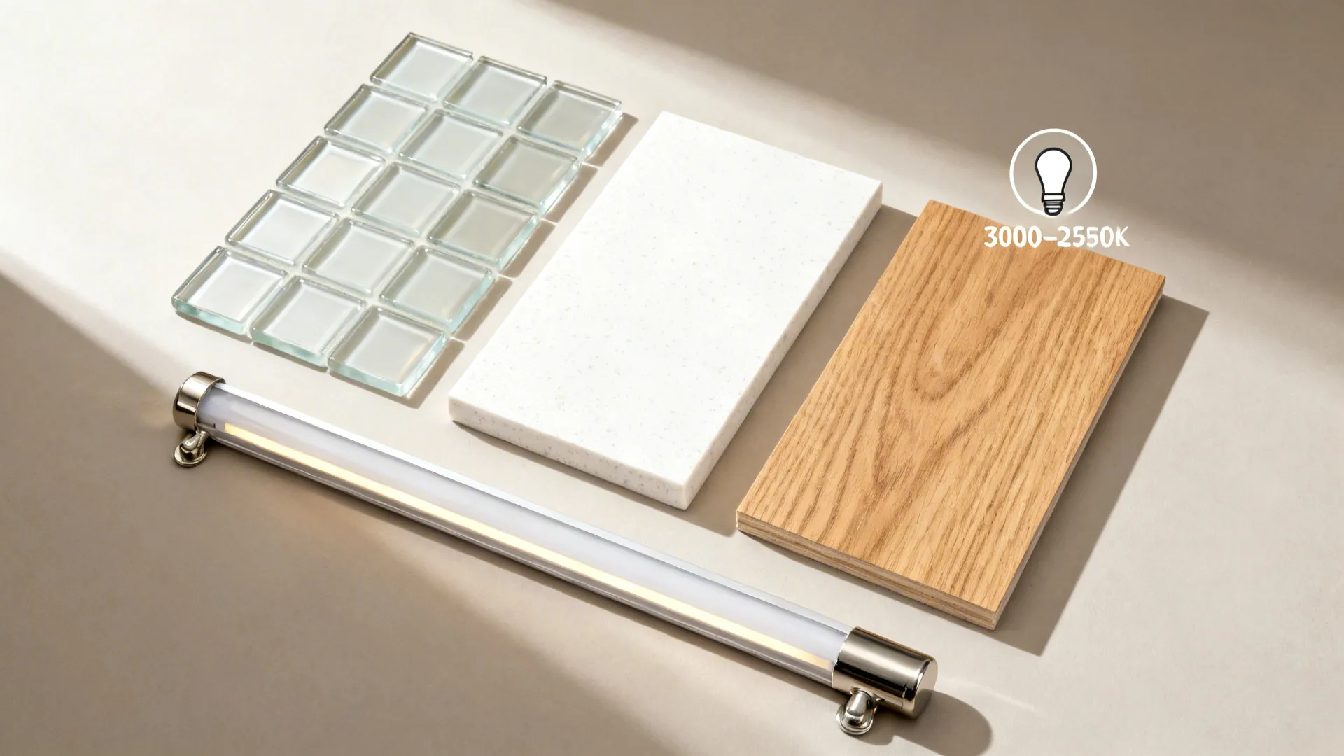 Flat lay of satin glass tiles, semi-matte quartz, oak veneer, LED strip, and brushed hardware.