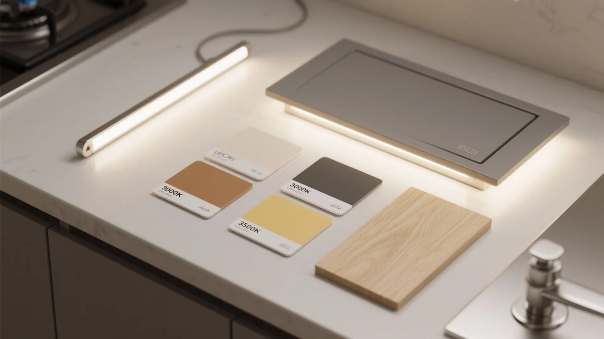 Kitchen counter showing light fixture wood sample and color cards for choosing interior design material finishes