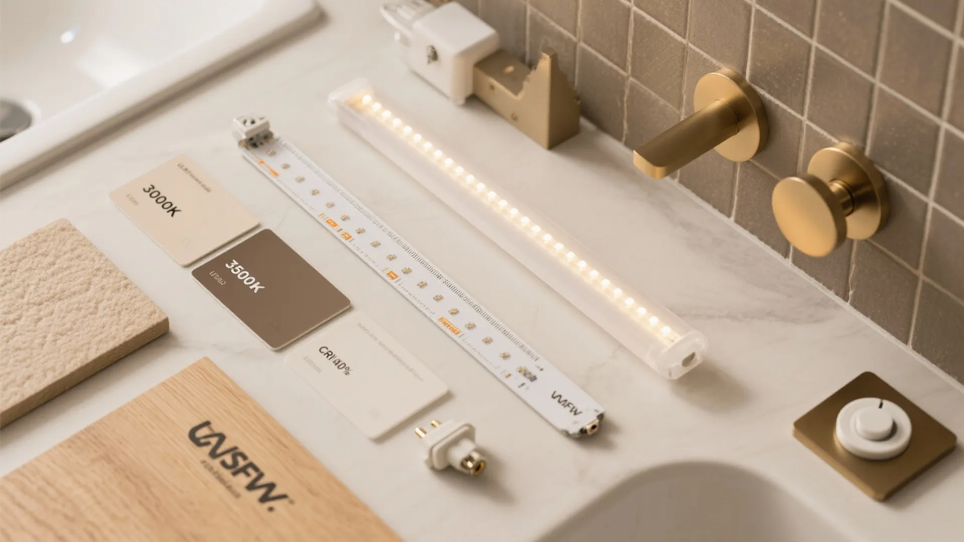 Top-down flat lay of LED strips, diffuser, dimmer, tiles, and brass hardware.