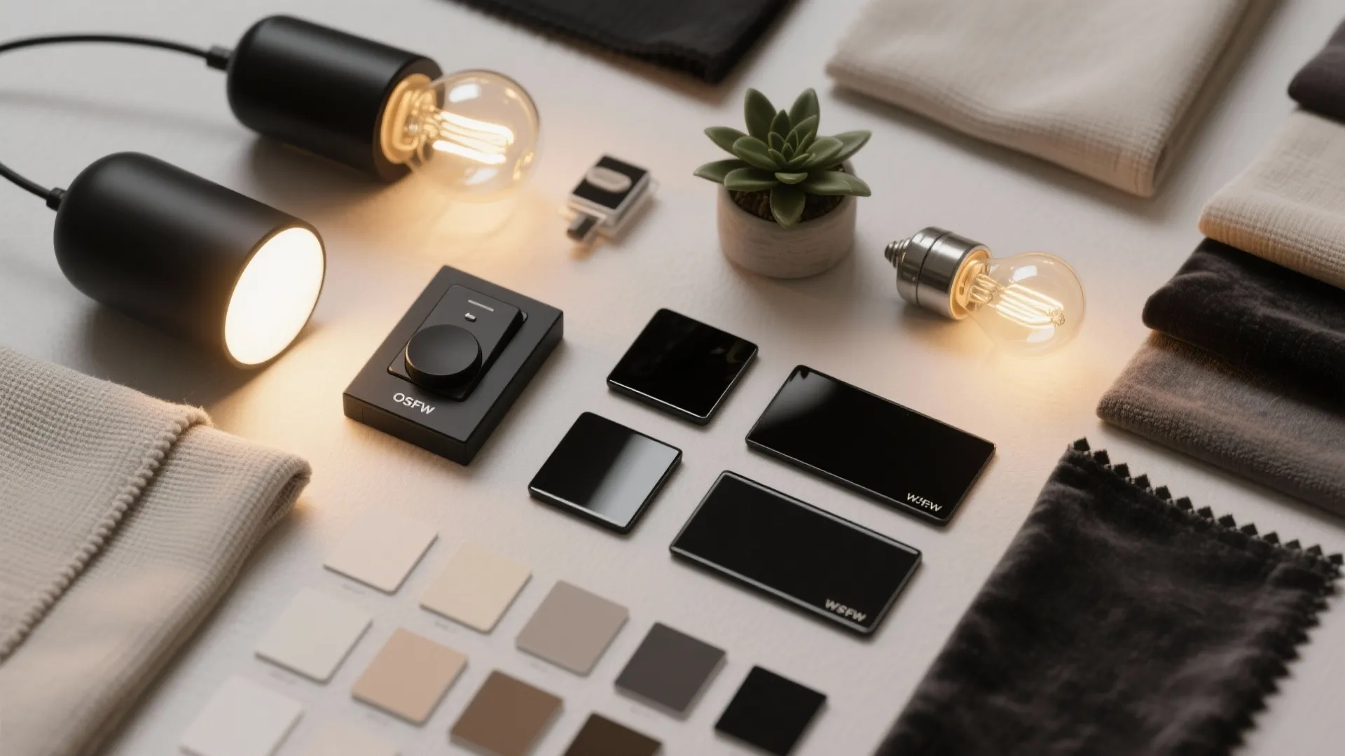 Flatlay of interior design materials including light bulbs light fixtures fabric samples and color swatches