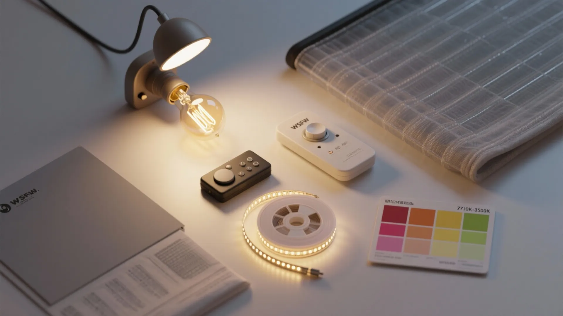 Table lamp, light bulb, led strip, and controllers arranged with a color palette and fabric