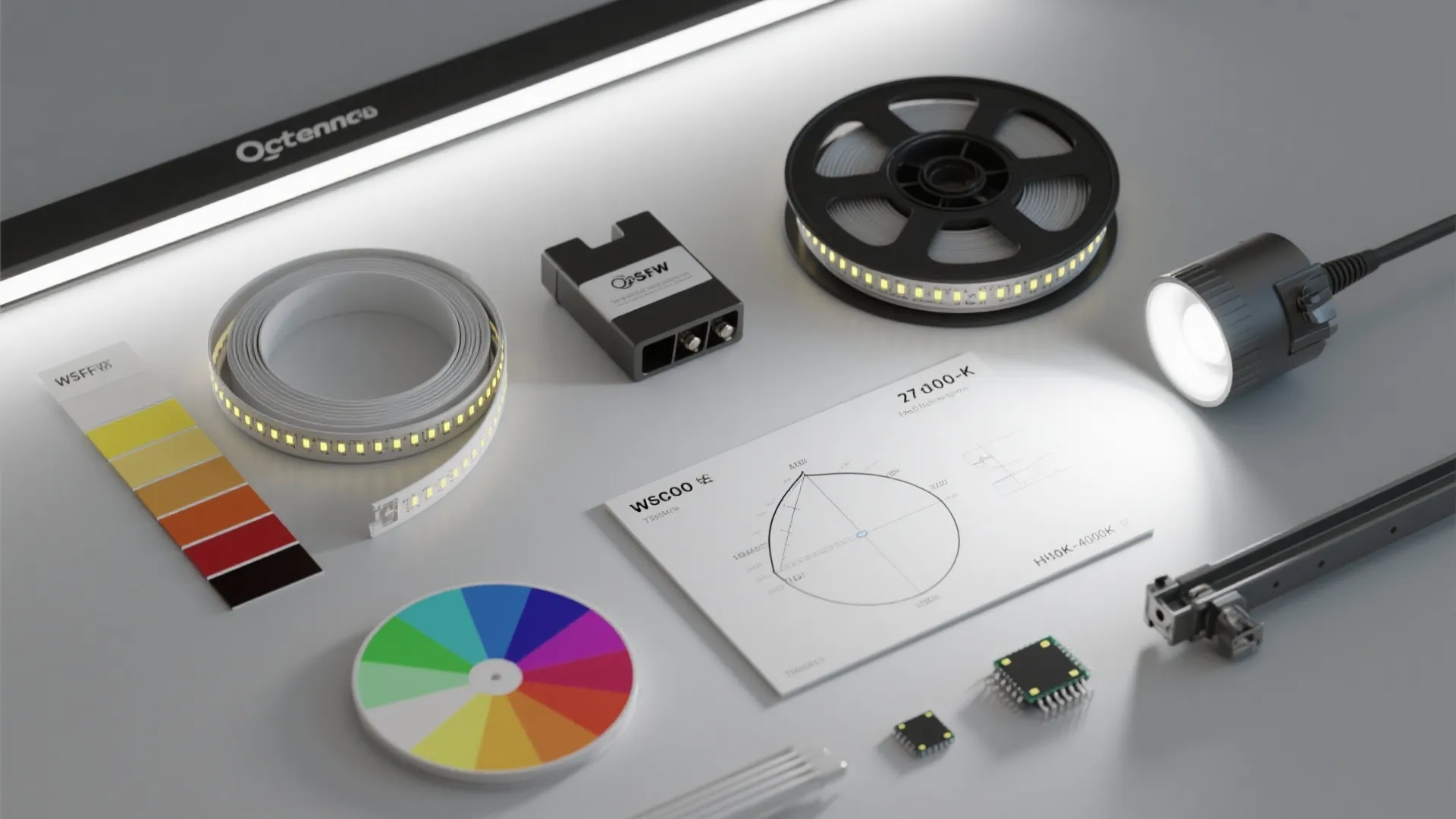 Flat lay of lighting design tools including led strip lights and color swatches on white table
