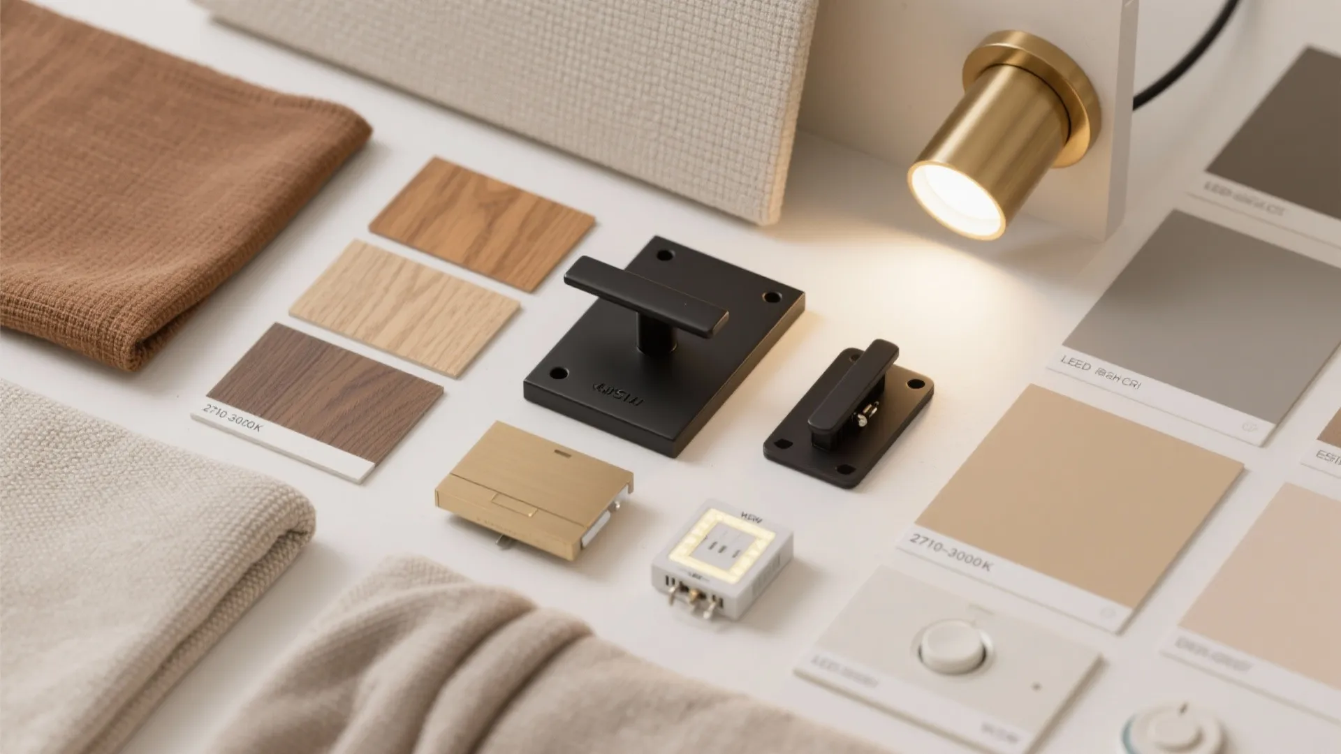 Flatlay of brass, matte black, oak, fabric swatches and LED dimmer showing warm neutral palette.