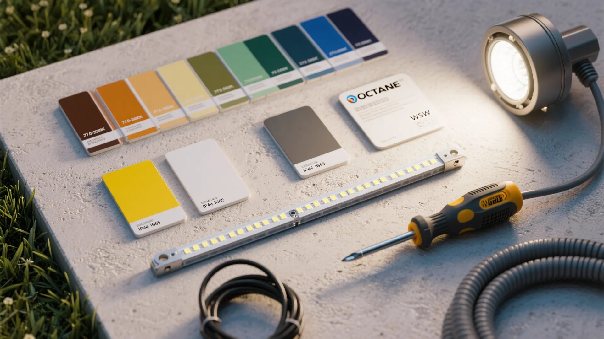 Collection of lighting materials with color samples LED strip light screwdriver and round light fixture