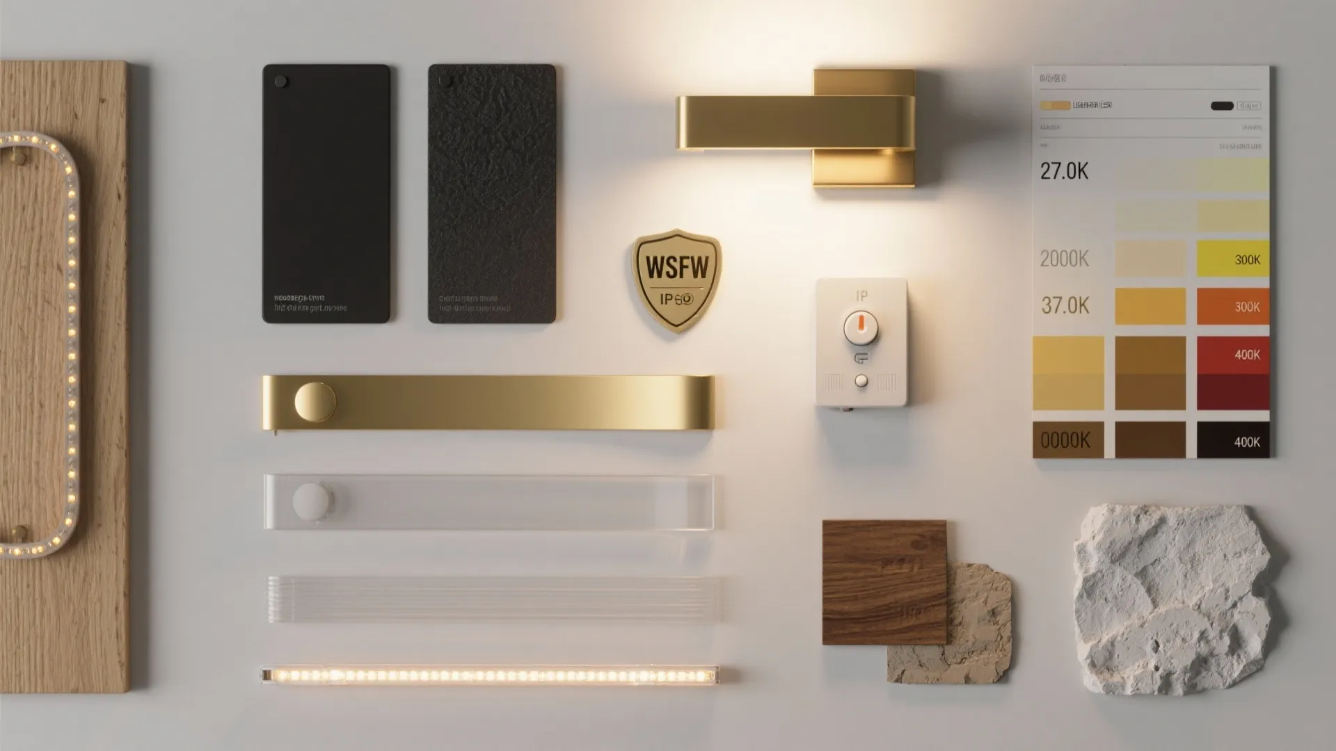 Flatlay of LED strip diffusers, sconce finishes, dimmer module and color temperature swatches.