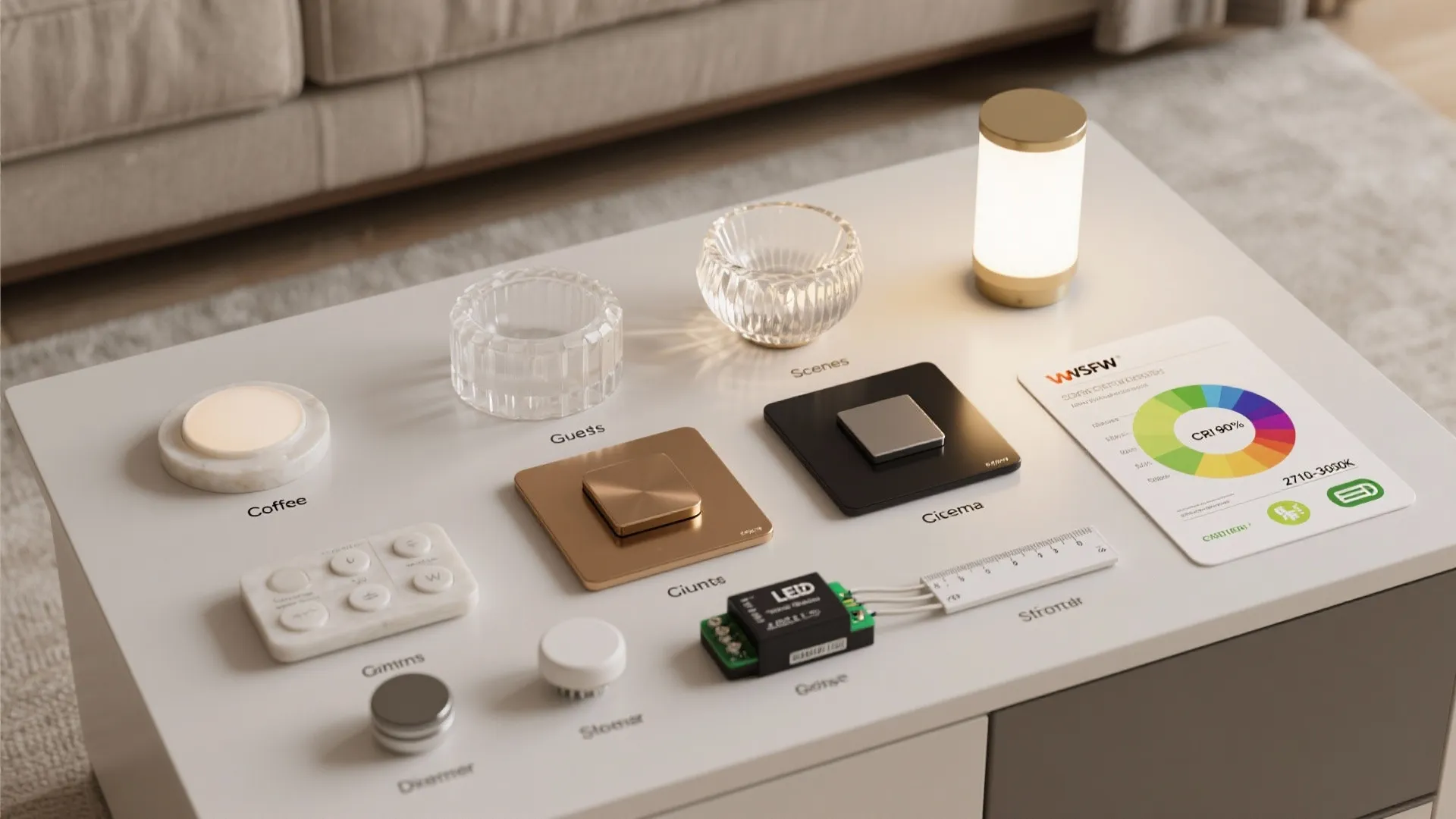 Flatlay of lighting dimmers, diffusers, finish swatches, and LED components for living rooms.