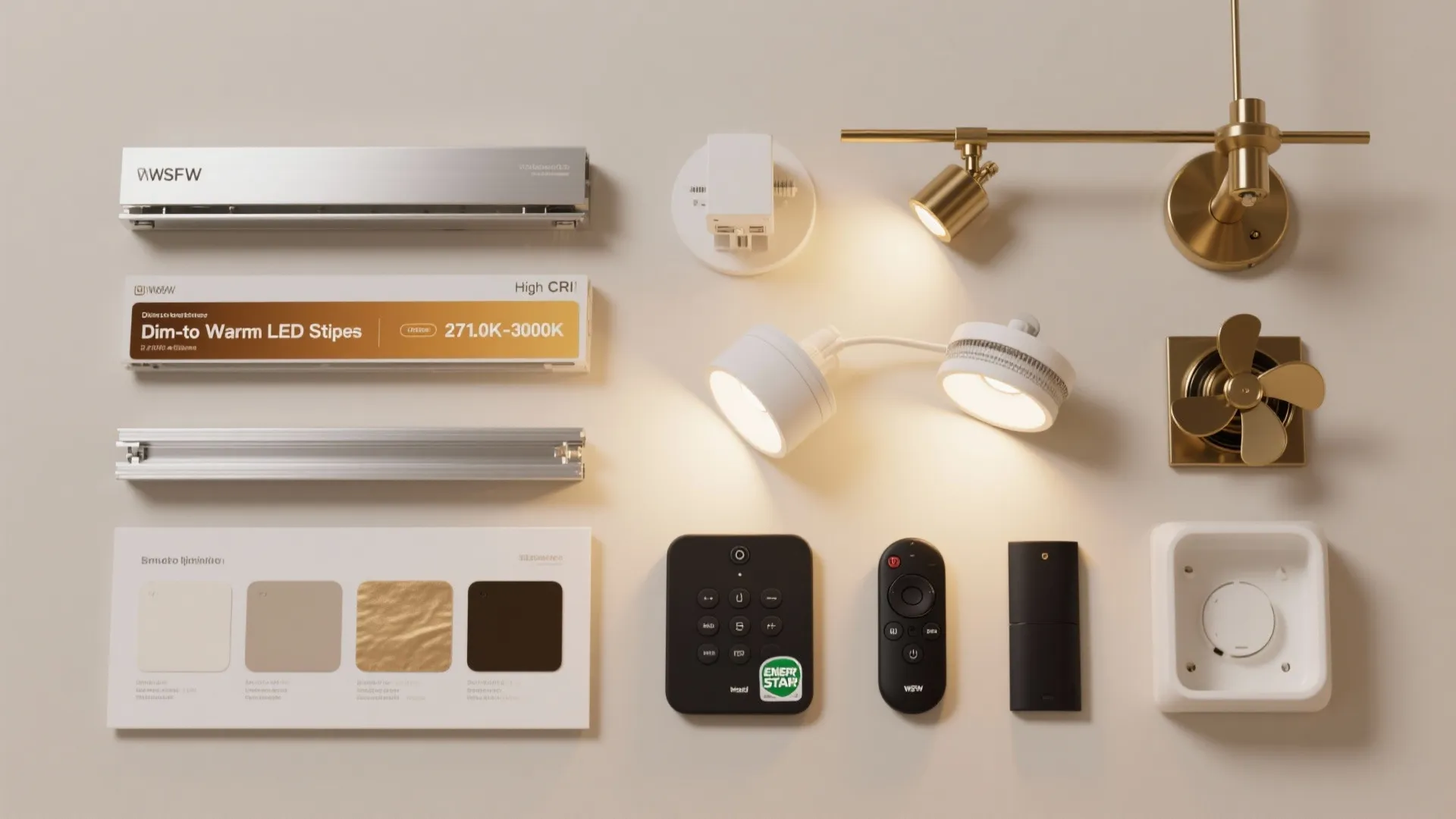 A collection of smart lighting fixtures, metal wall light, remote controls, and color sample board