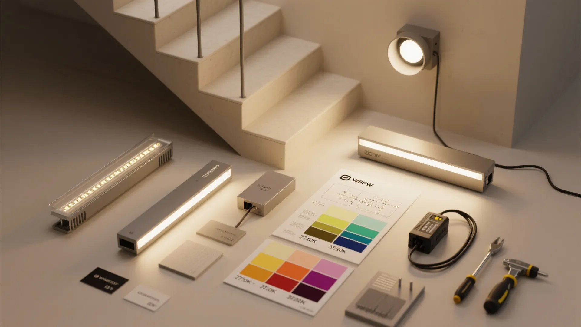 Various light fixtures and color swatches laid out on table with tools and a manual