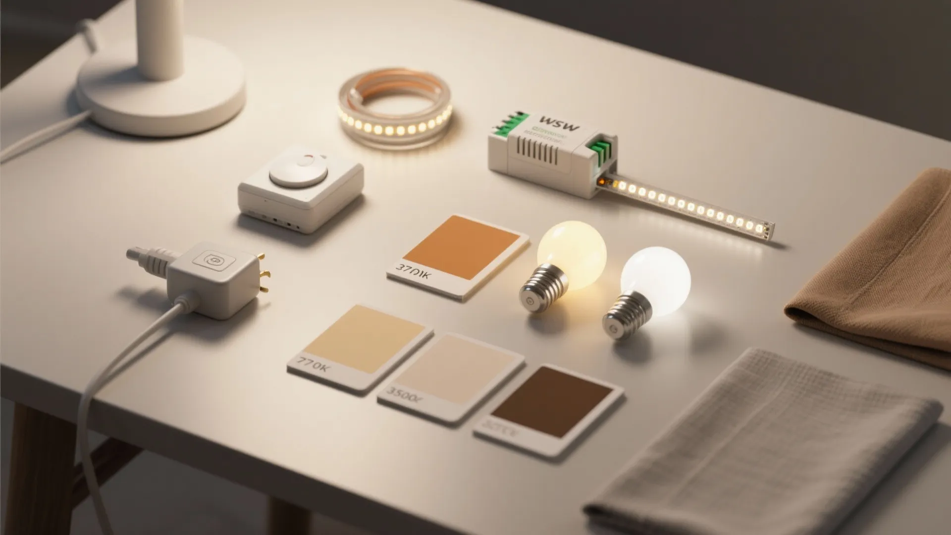 Selection of light bulbs and color swatches on a white desk for home lighting design