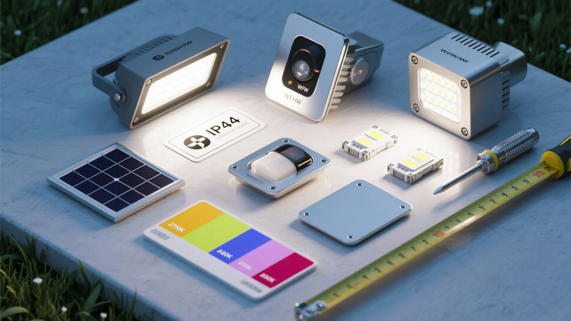 Collection of outdoor light parts including solar panel led chips tools and a color chart
