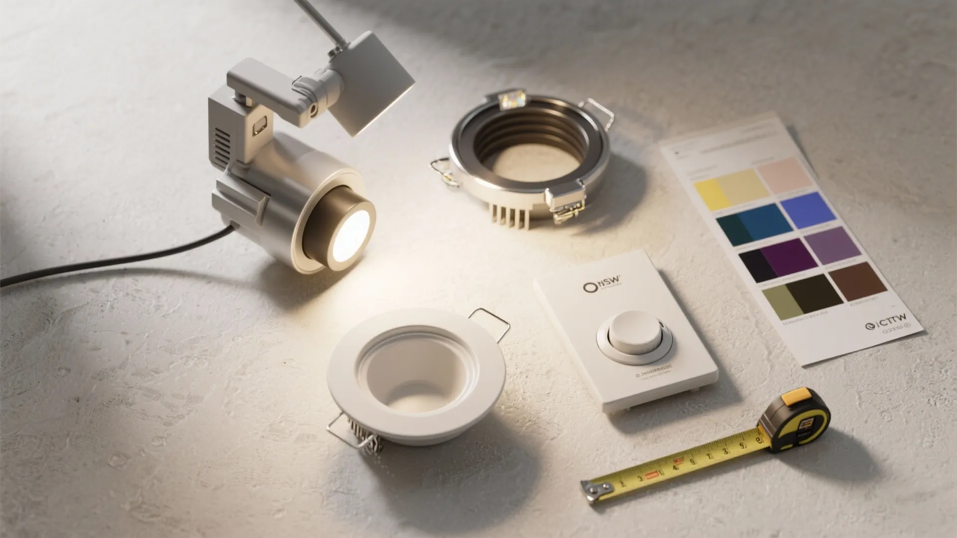 Interior design materials flatlay with ceiling light parts color swatches dimmer switch and measuring tape
