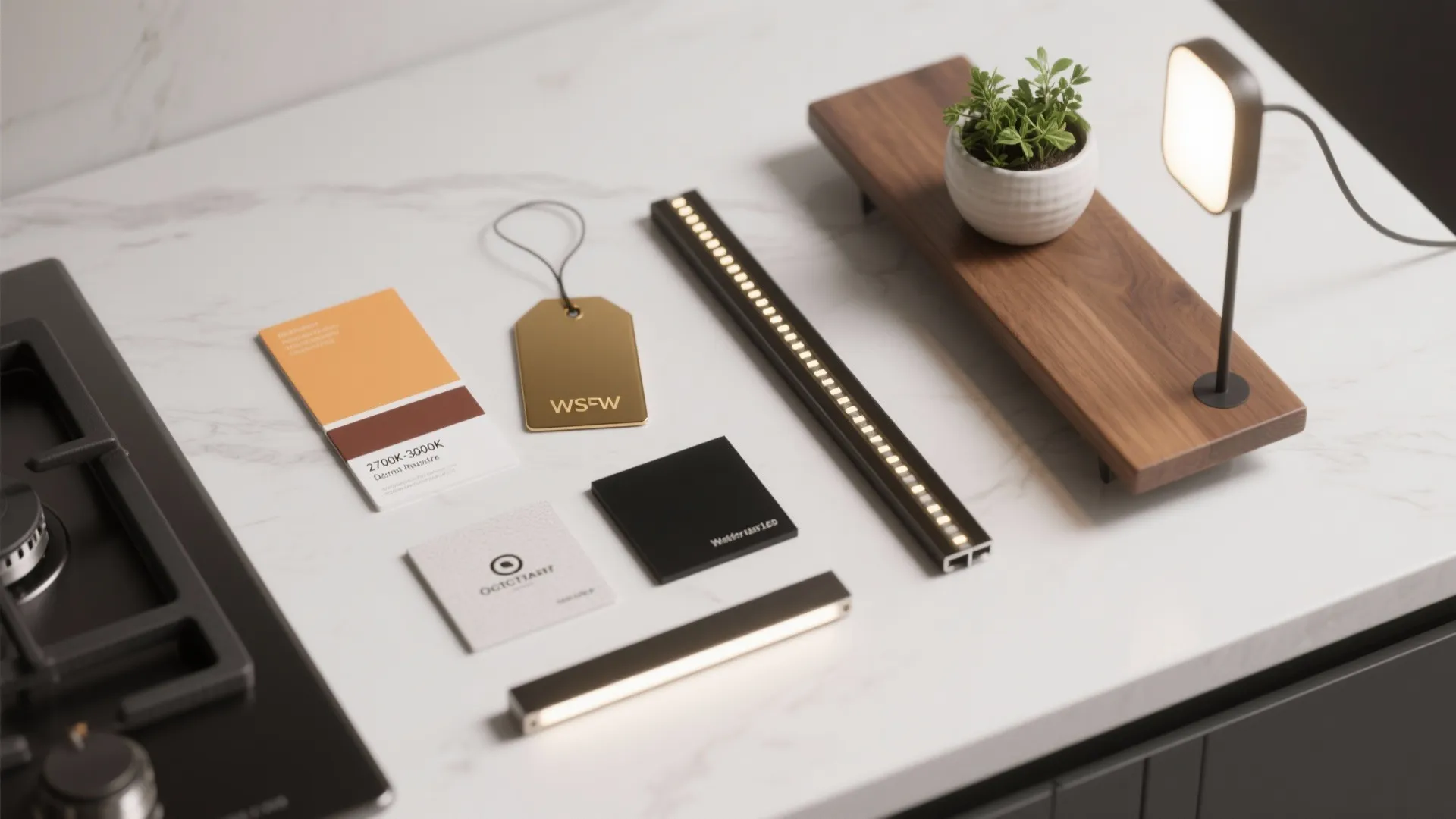 Interior design materials flatlay with color samples gold tag LED strips and small green plant