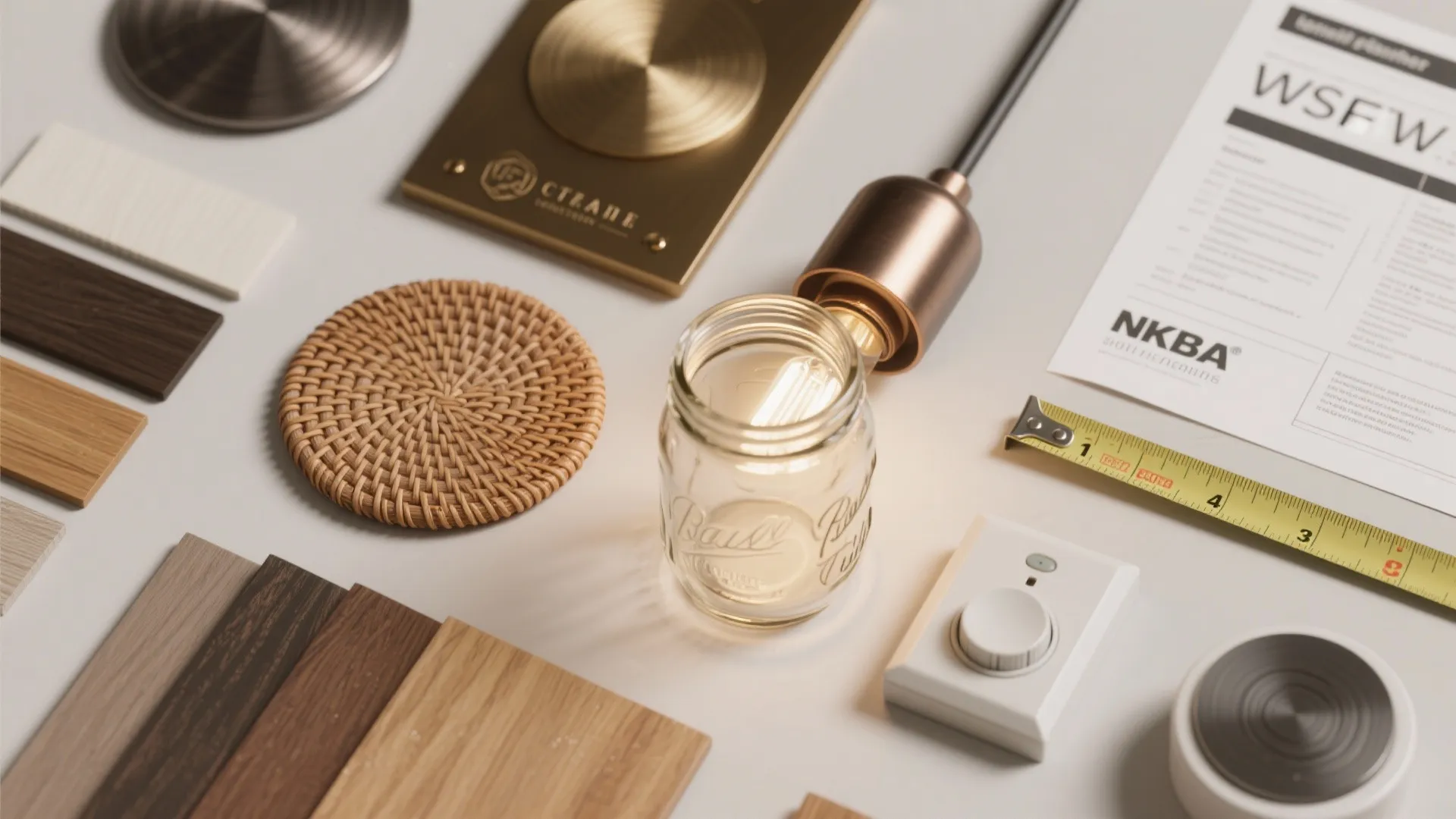 Flat lay of interior design materials featuring wood samples a light fixture and measuring tape