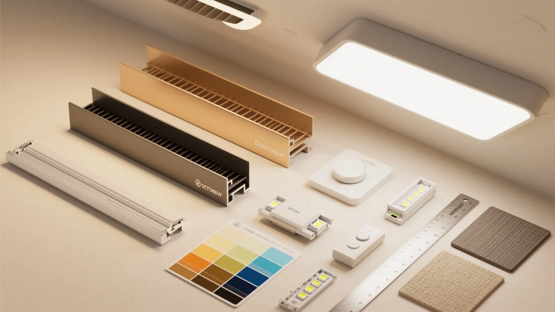 Flat lay showing light fixtures led strips color swatches fabric samples and interior design material tools
