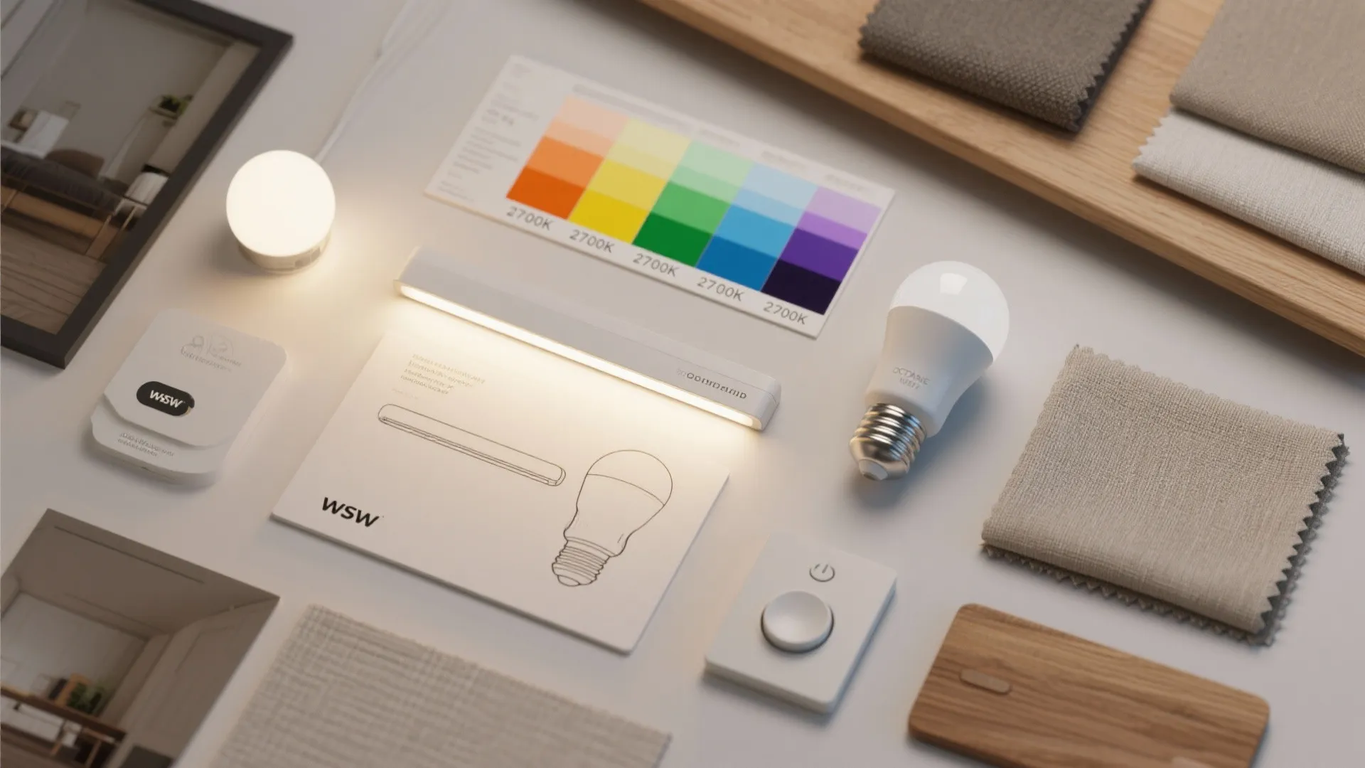 Interior design material board with light bulbs color chart fabric samples and wood floor pieces