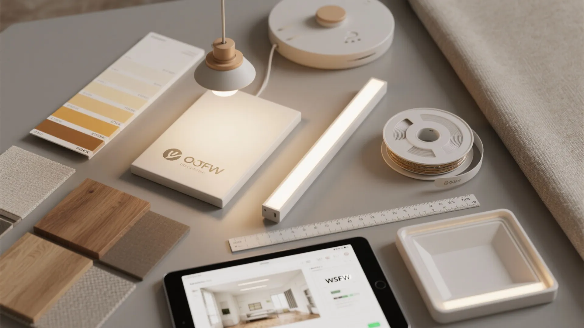 Flat lay of interior design materials including wood samples color swatches and a small tablet