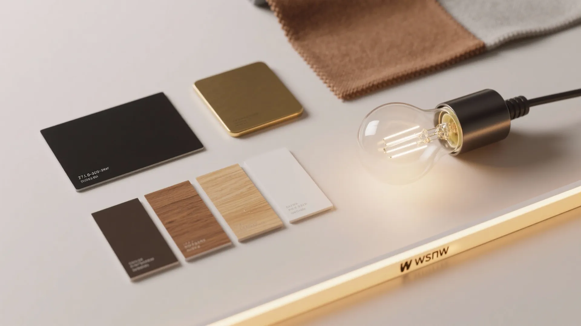 Flatlay of Nordic lighting materials: brass, matte black sample, wood veneer and frosted bulb