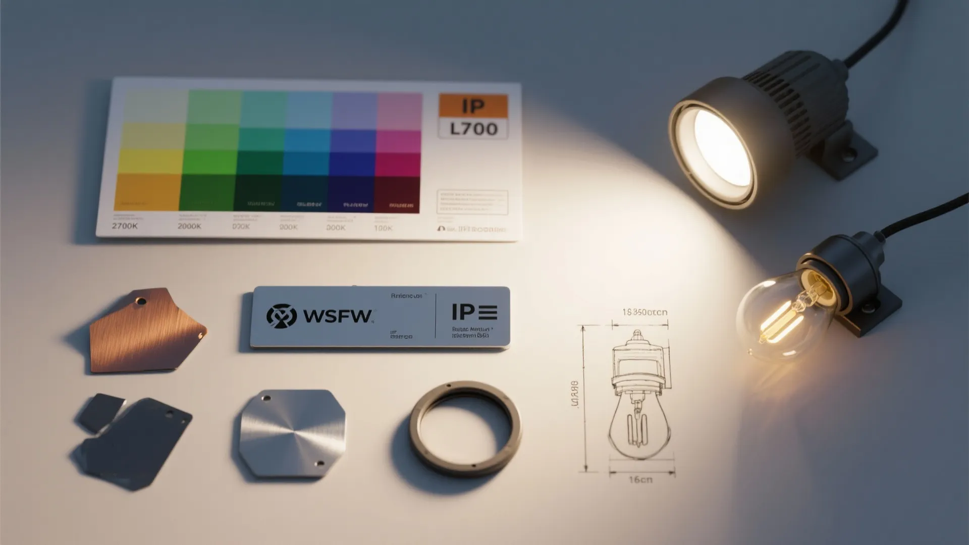 Flatlay of lighting design materials including color charts metal plates small light fixtures and sketches
