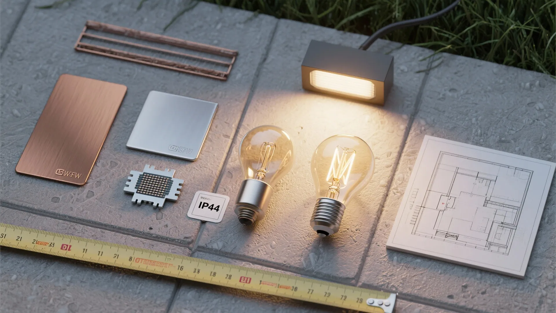 Lighting materials flat lay with light bulbs, floor plan, yellow tape measure, and metal plates