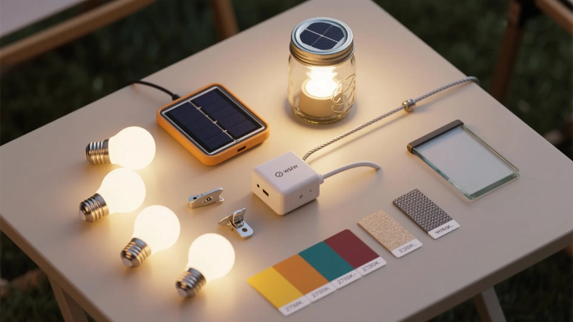 Flatlay of outdoor lighting materials: LED swatches, solar jar parts, clips, and wind guard glass.