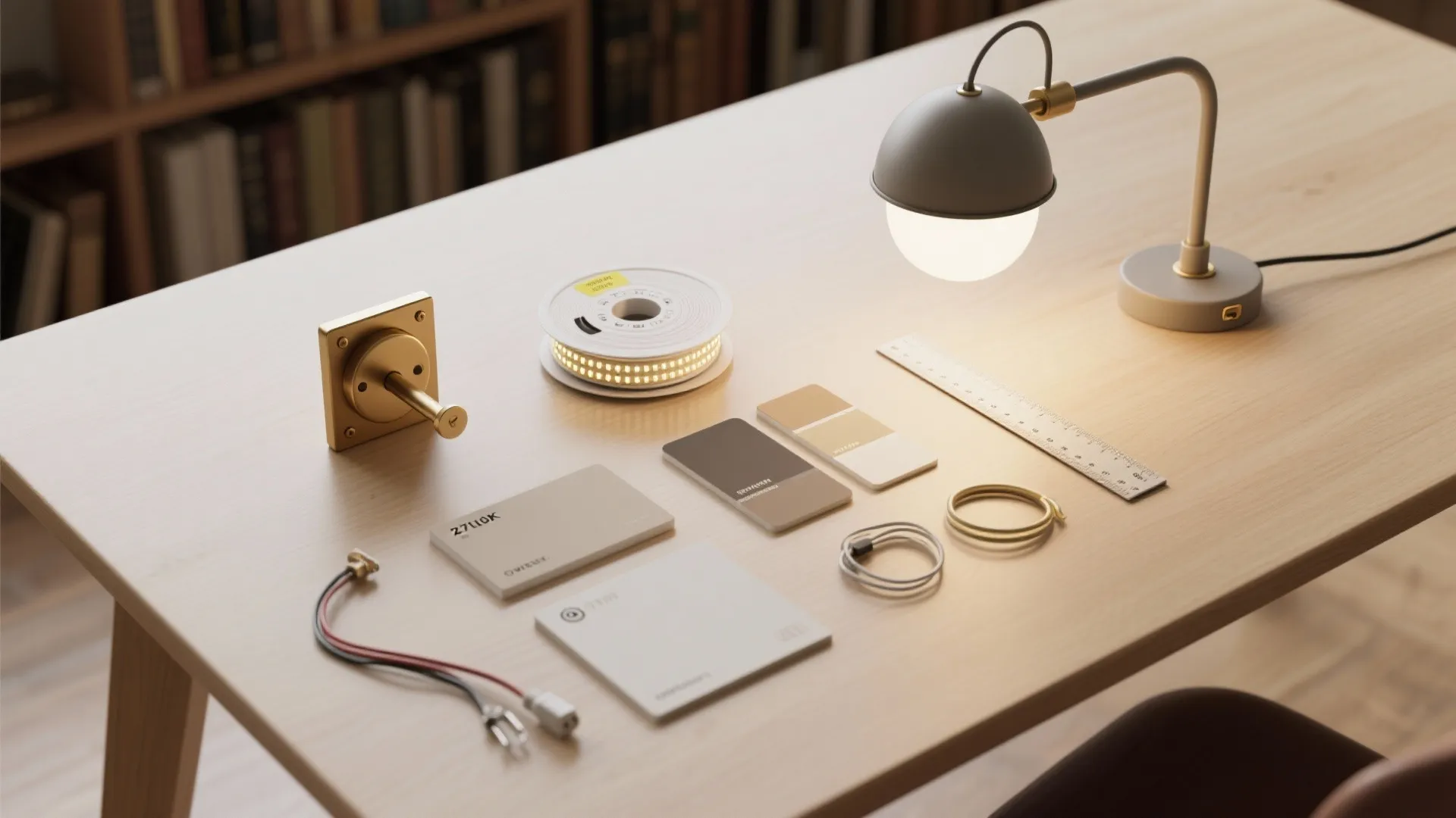 Flatlay of lighting samples and tools including LED strip, sconce sample, pendant shade, and swatches