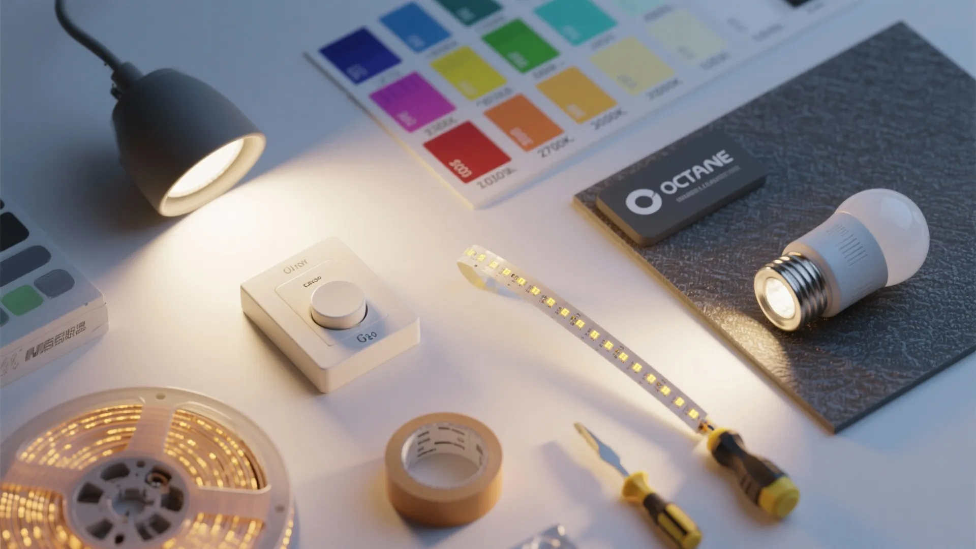 Flatlay of lighting samples and tools including LED strips, dimmer, smart bulb, and 2700K–3000K swatches