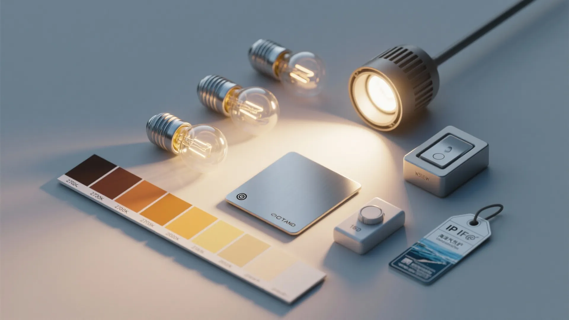 Light bulbs and color samples displayed with a small light fixture on a grey surface