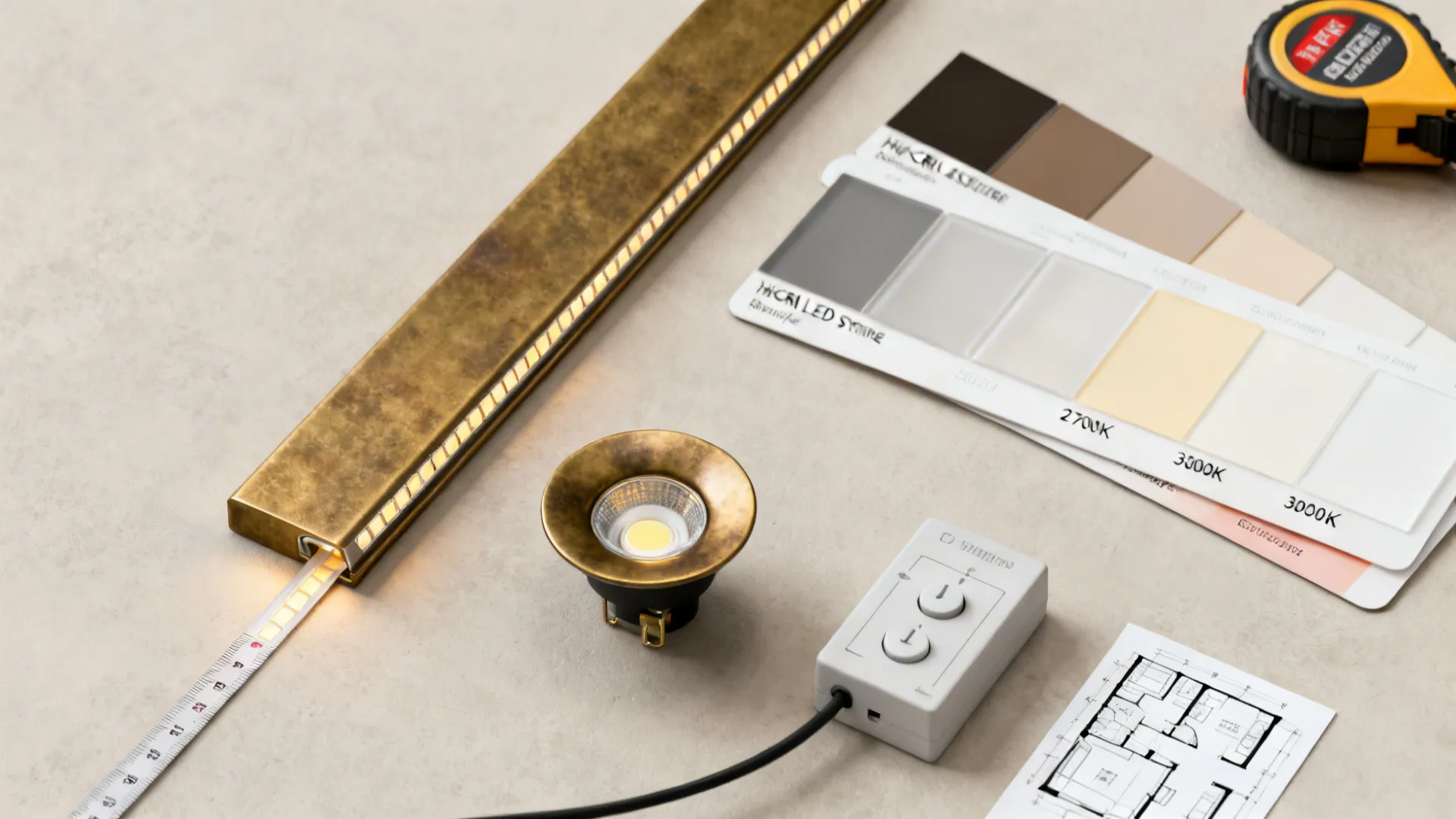 Top-down flatlay of lighting samples: high-CRI LED, finish swatches, diffusers and dimmer module.