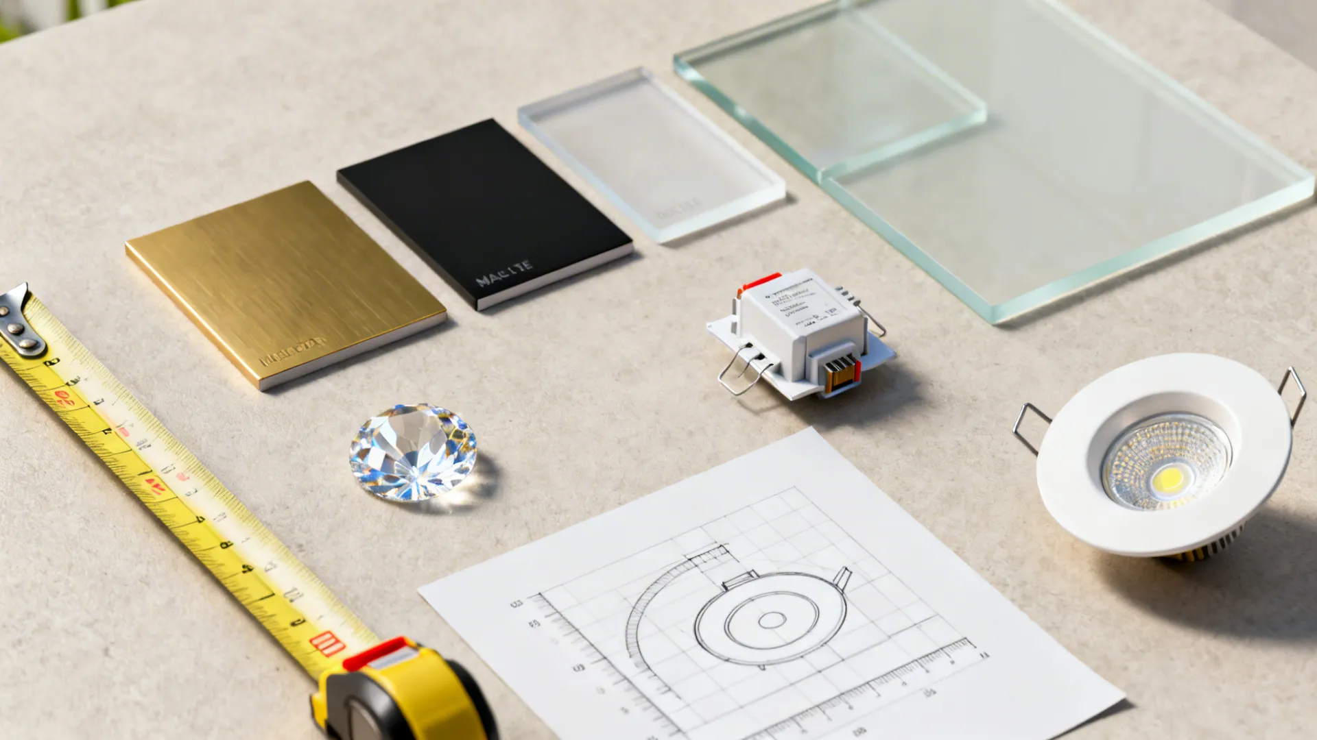 Flatlay of fixture finishes, crystal sample, LED module and measuring tape for low-ceiling planning