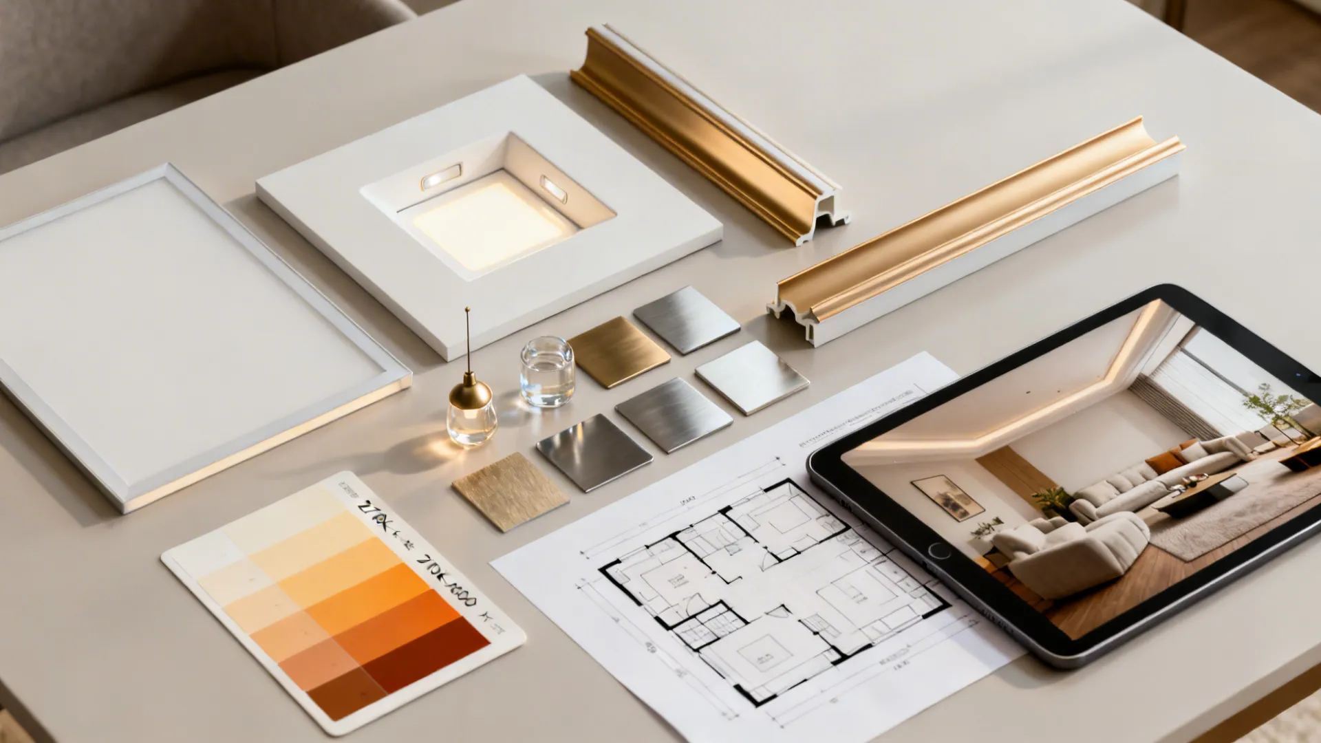 Flatlay of lighting samples and material swatches for planning a living room ceiling lighting update.