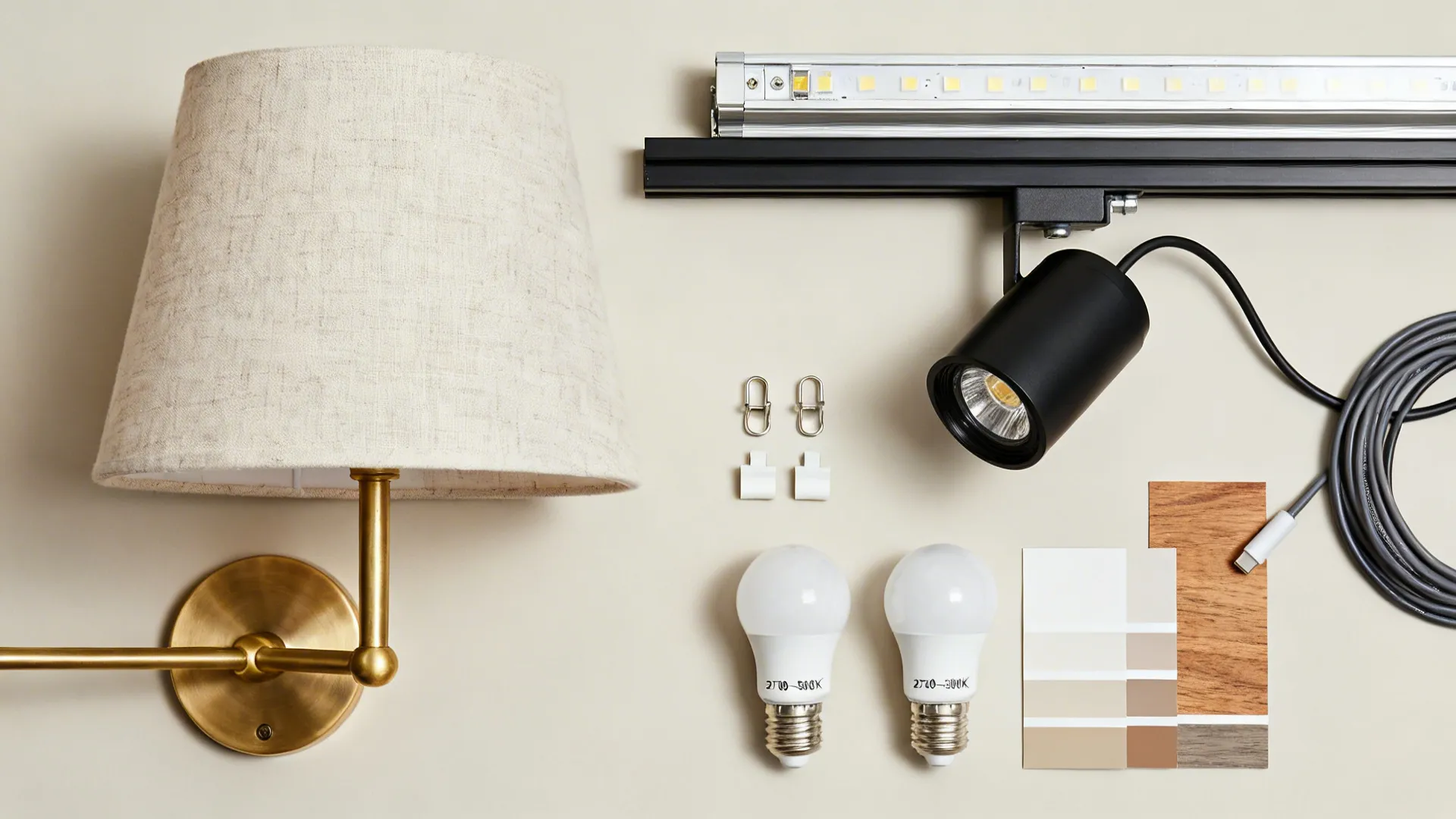 Flatlay of lighting elements: linen shades, brass, track head, LED strip channel, warm bulbs, cord covers.