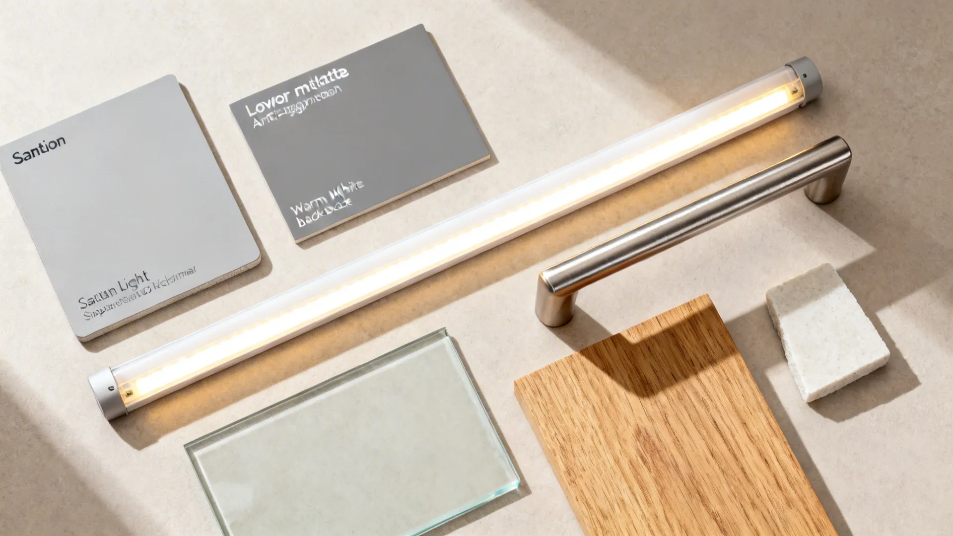 Material flat lay with satin laminates, glass backsplash, LED lighting, quartz, stainless, and oak for a bright small kitchen.