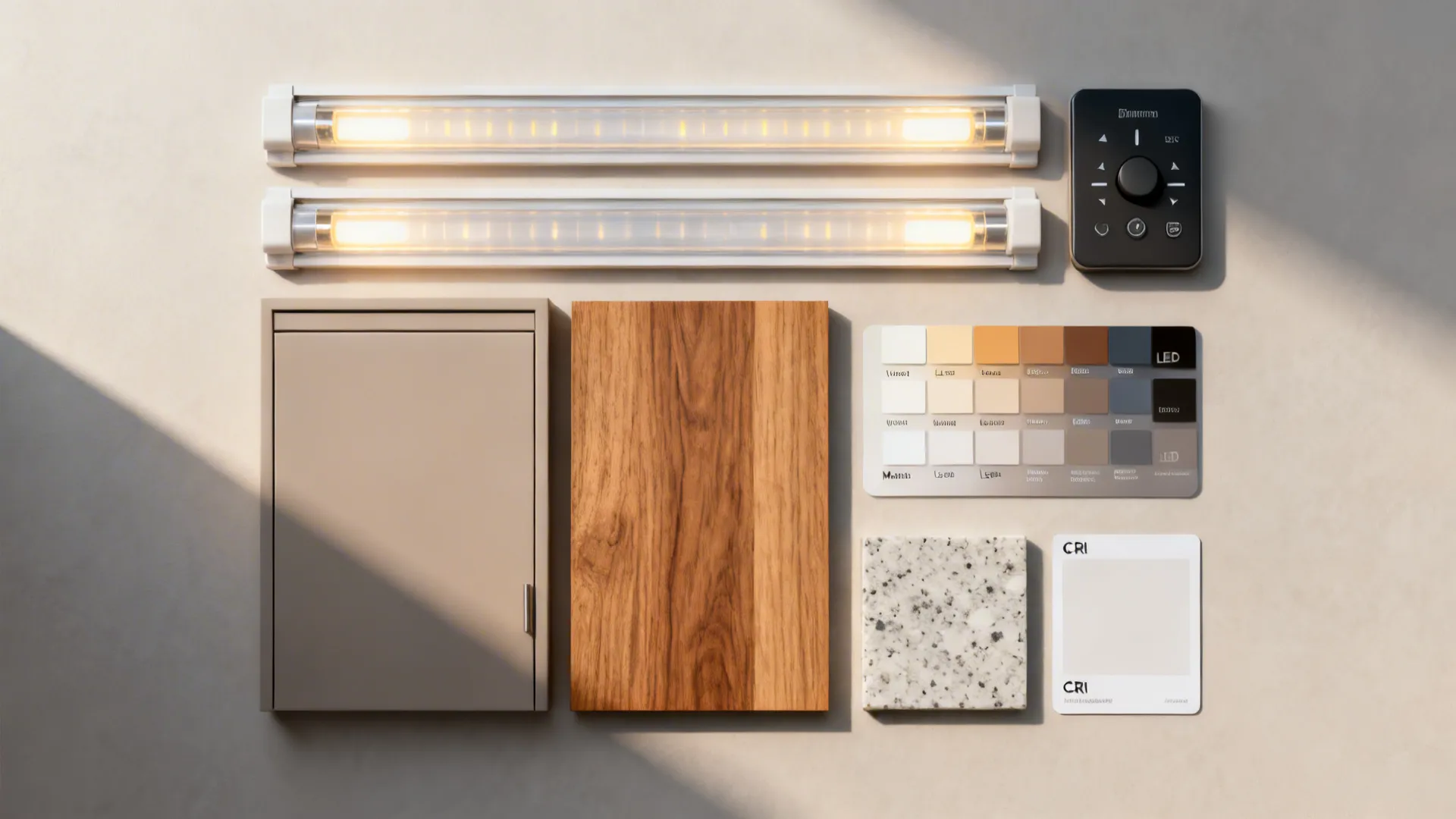 Flatlay of LED channels, control keypad, warm and cool LED samples, matte cabinet and wood finishes, and a quartz chip.