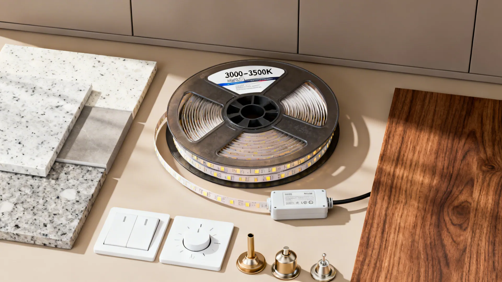 Top-down flat lay of LED strips, dimmers, pendant parts with quartz and walnut samples in warm neutrals.