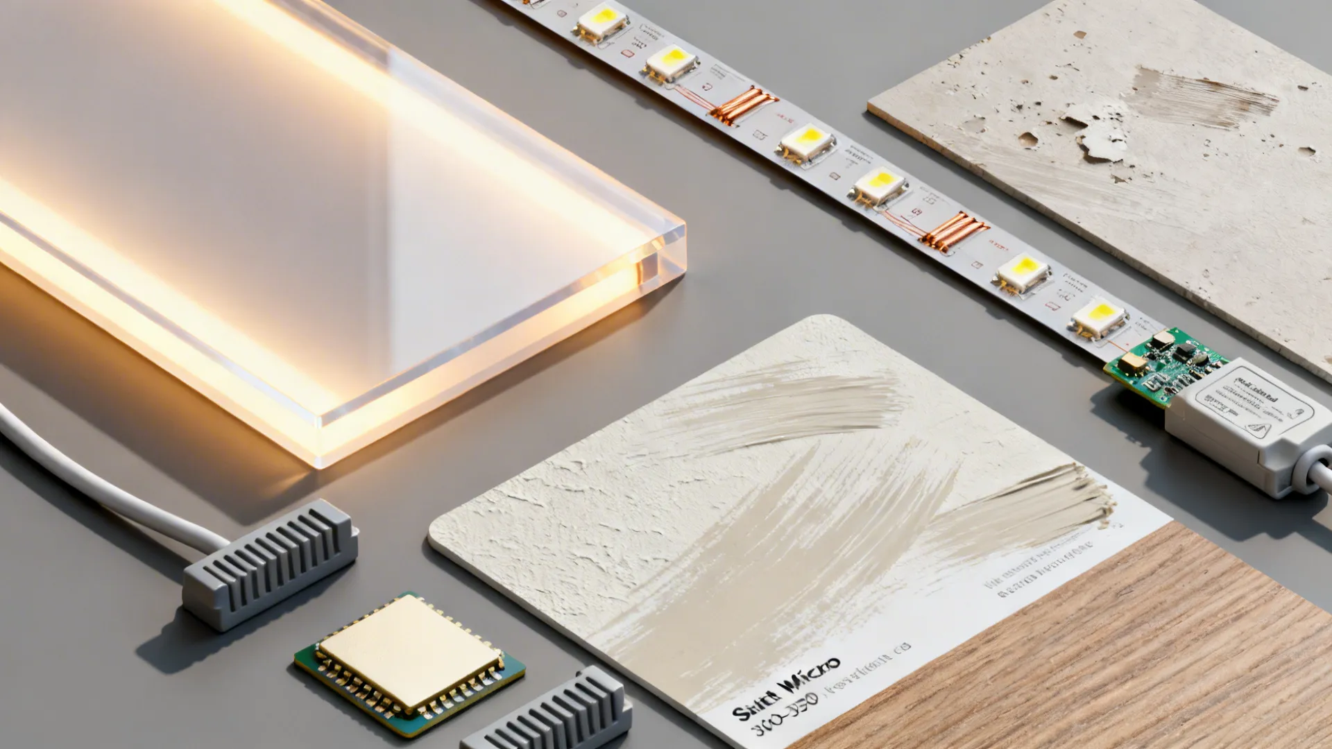 Top-down flat lay of edge-lit acrylic, LED tape, drivers, and matte finish swatches.