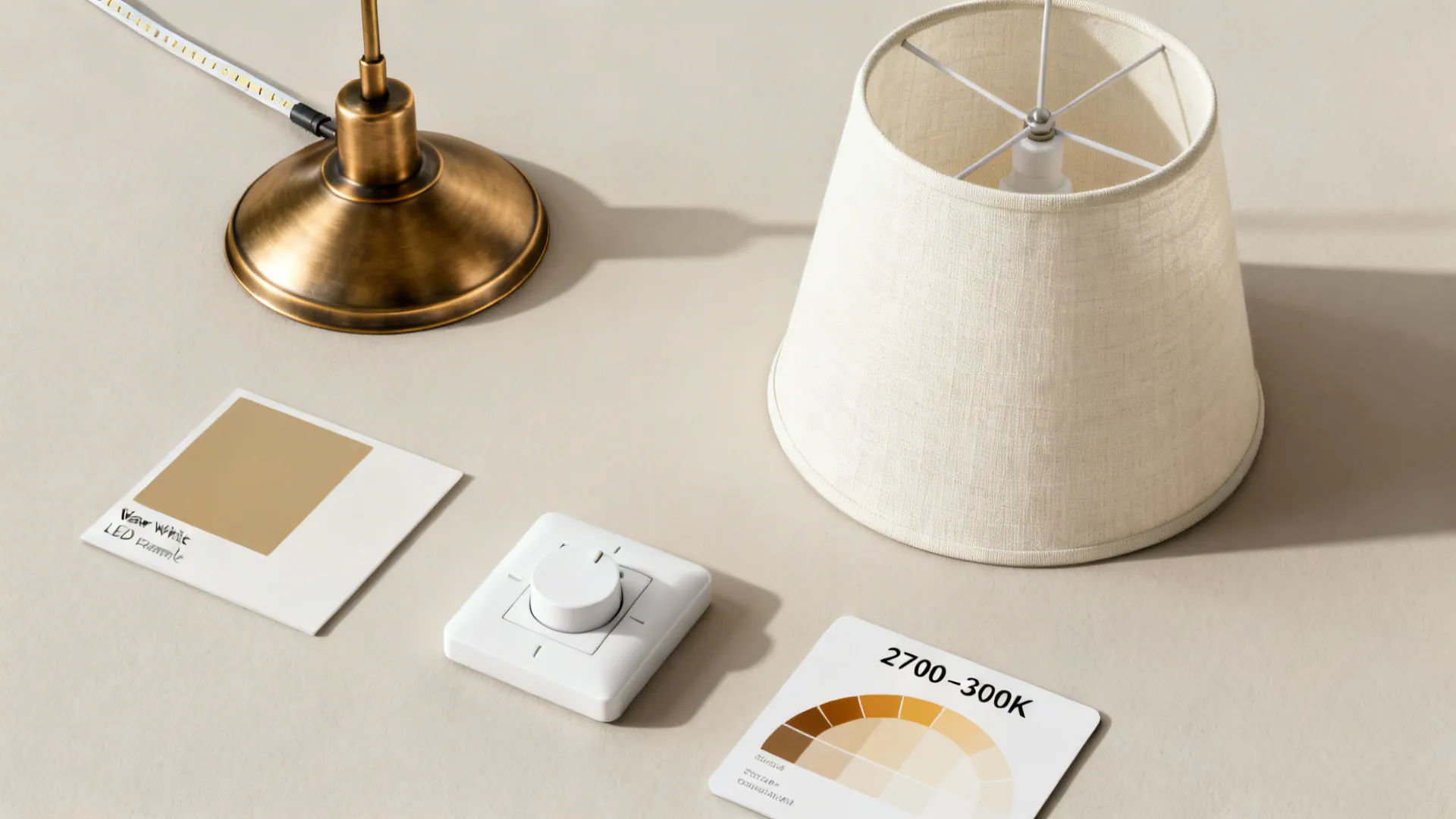 Flat lay of warm LED strip, brass pendant finish, linen shade, and dimmer switch samples.
