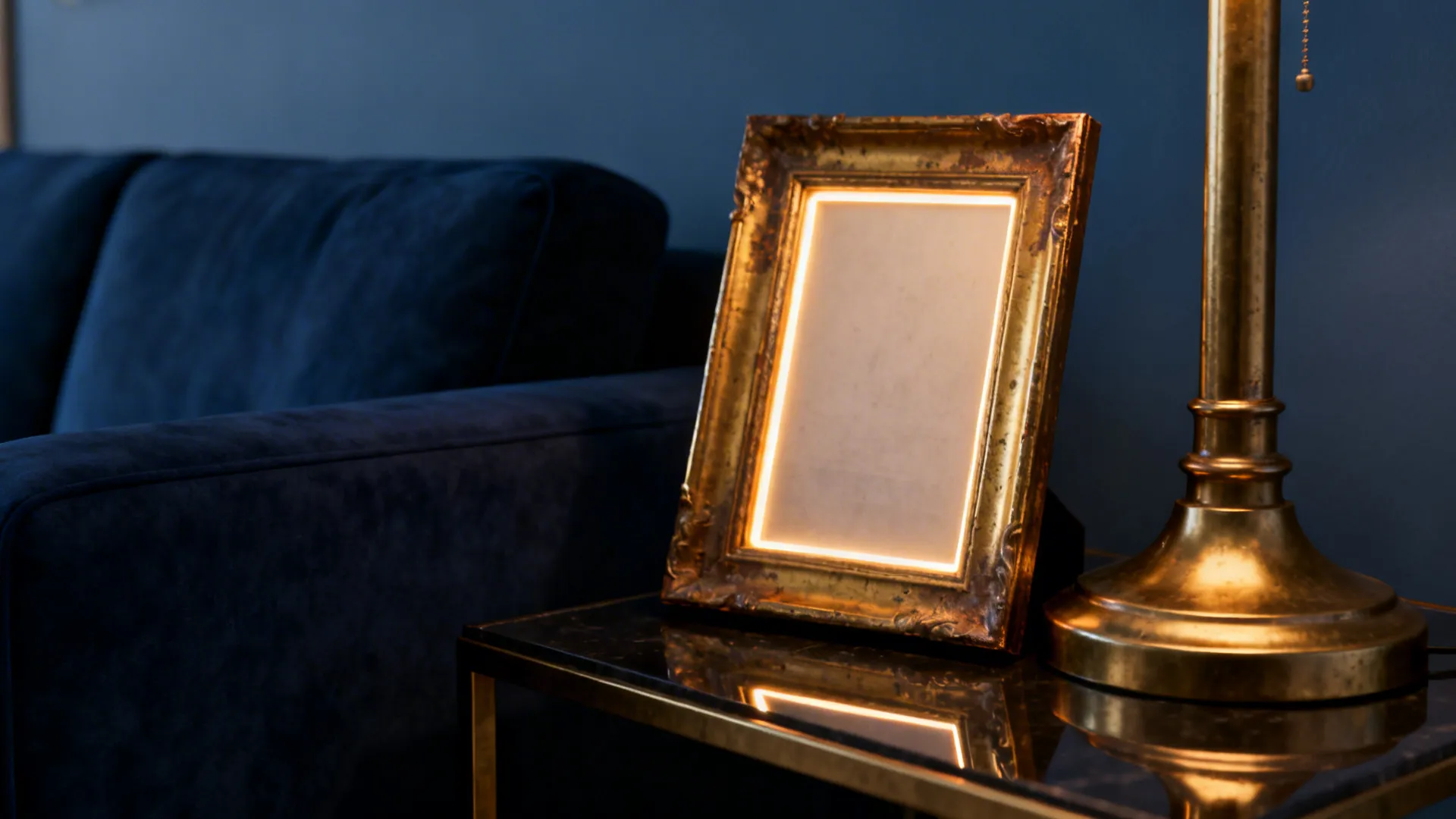 Brass lamp and aged gold frame with warm LED glow beside a navy sofa