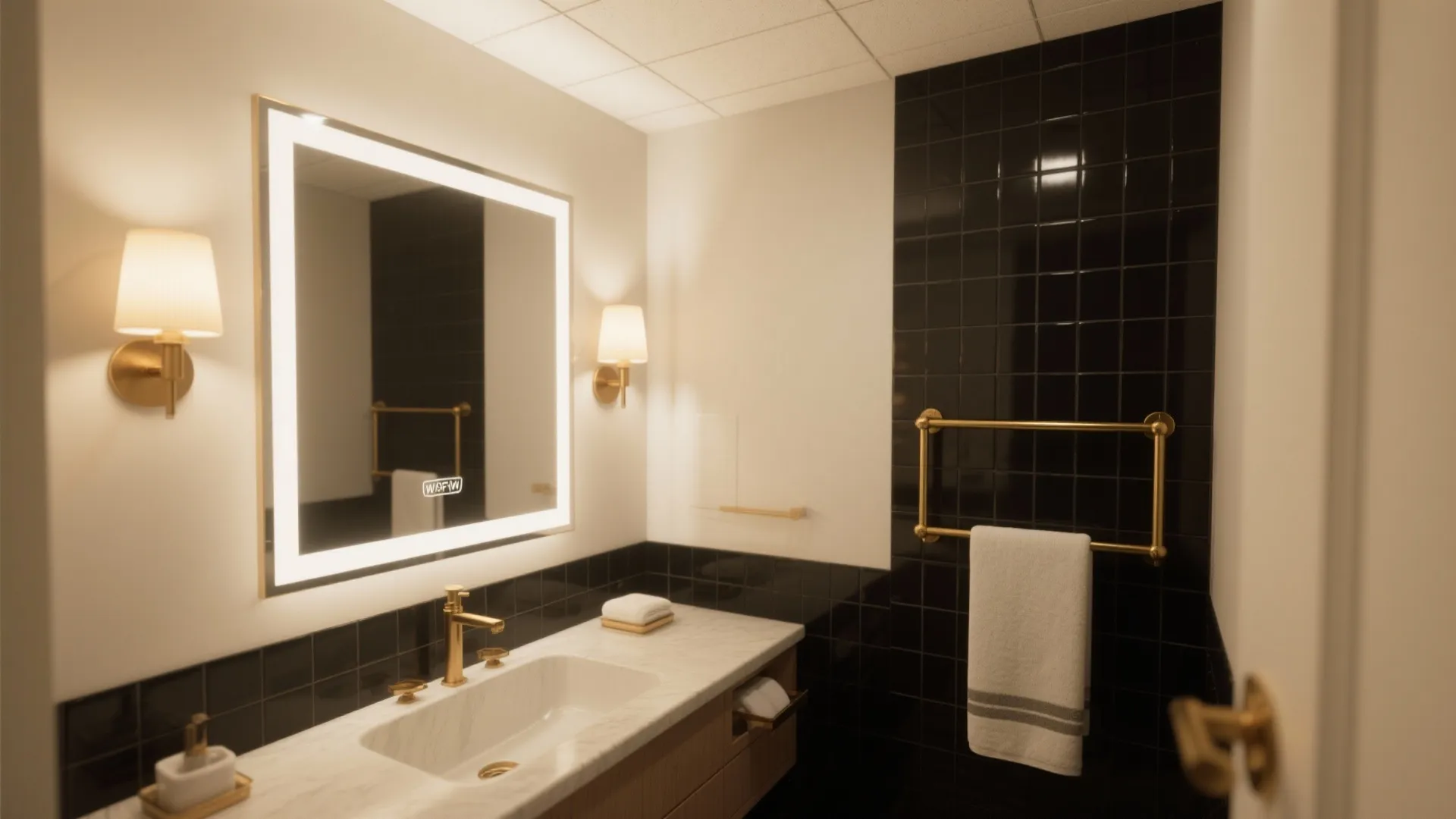 Warm-lit bathroom with a backlit mirror, soft sconces, black tile accents, and a brass towel bar.
