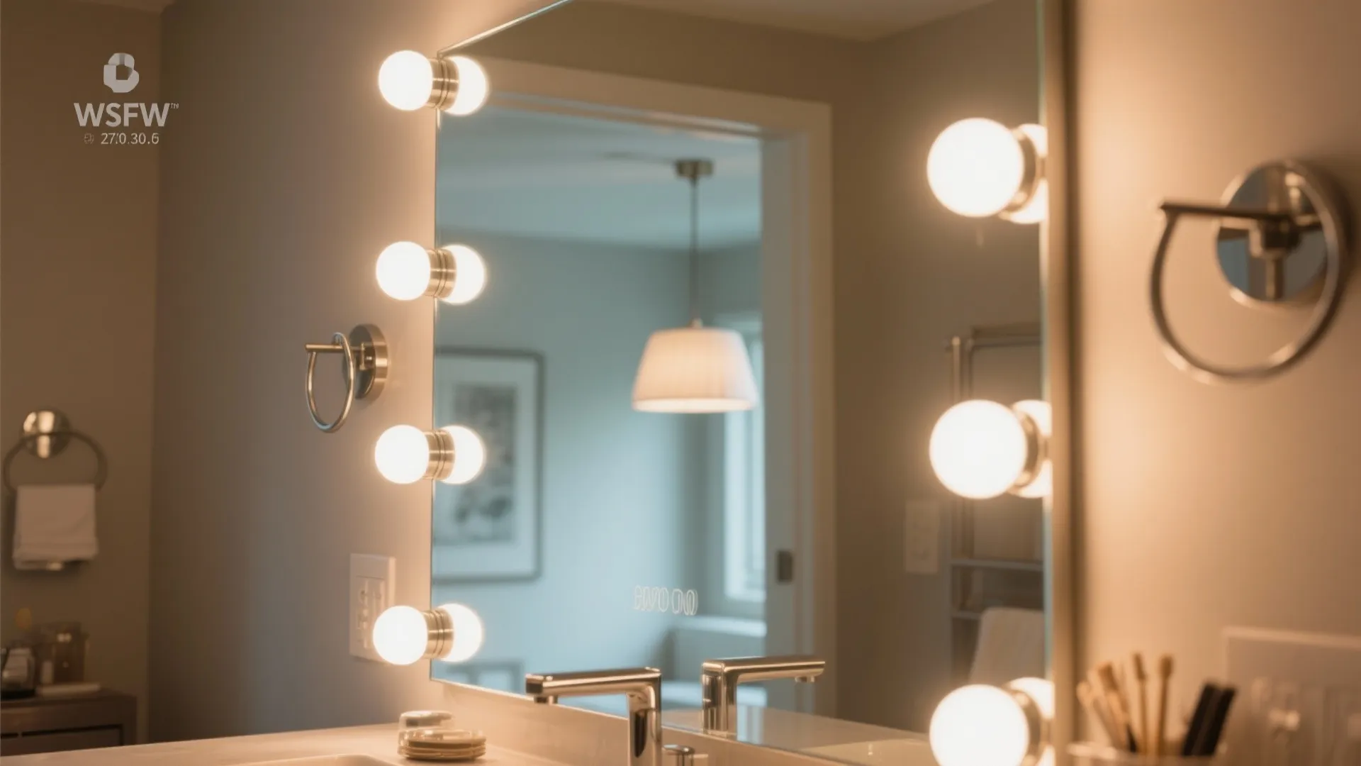 Modern bathroom mirror with round light bulbs and reflection of a hanging white ceiling light