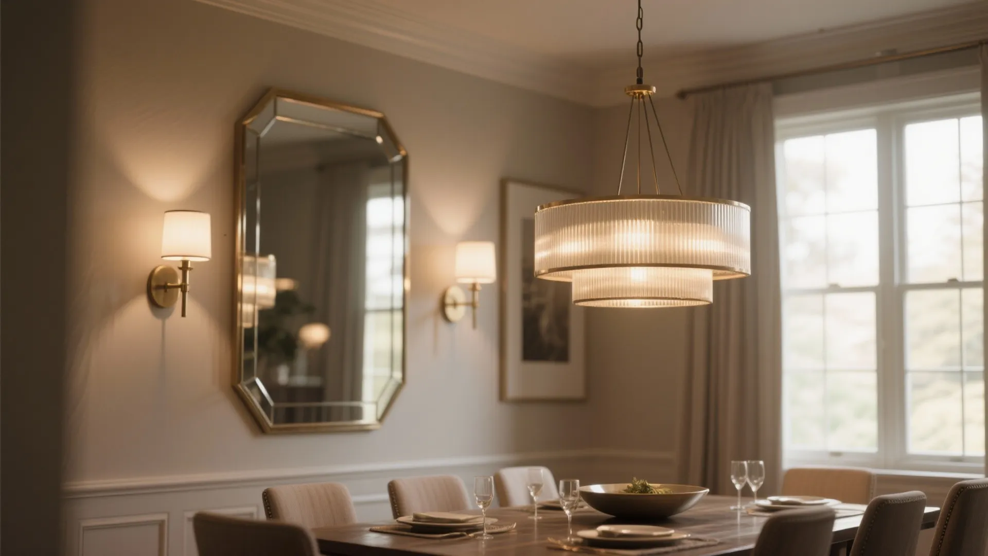 Elegant dining room interior design with large ceiling light wall light mirror and wooden table