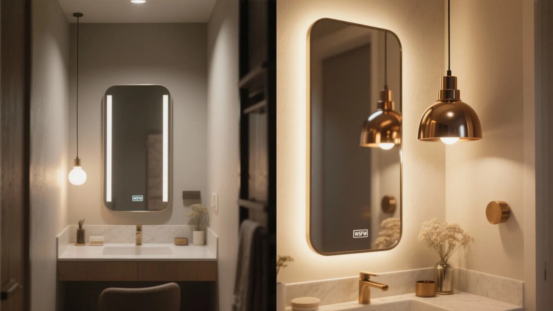 Before-and-after vanity view showing impact of a larger mirror and statement lighting fixture.