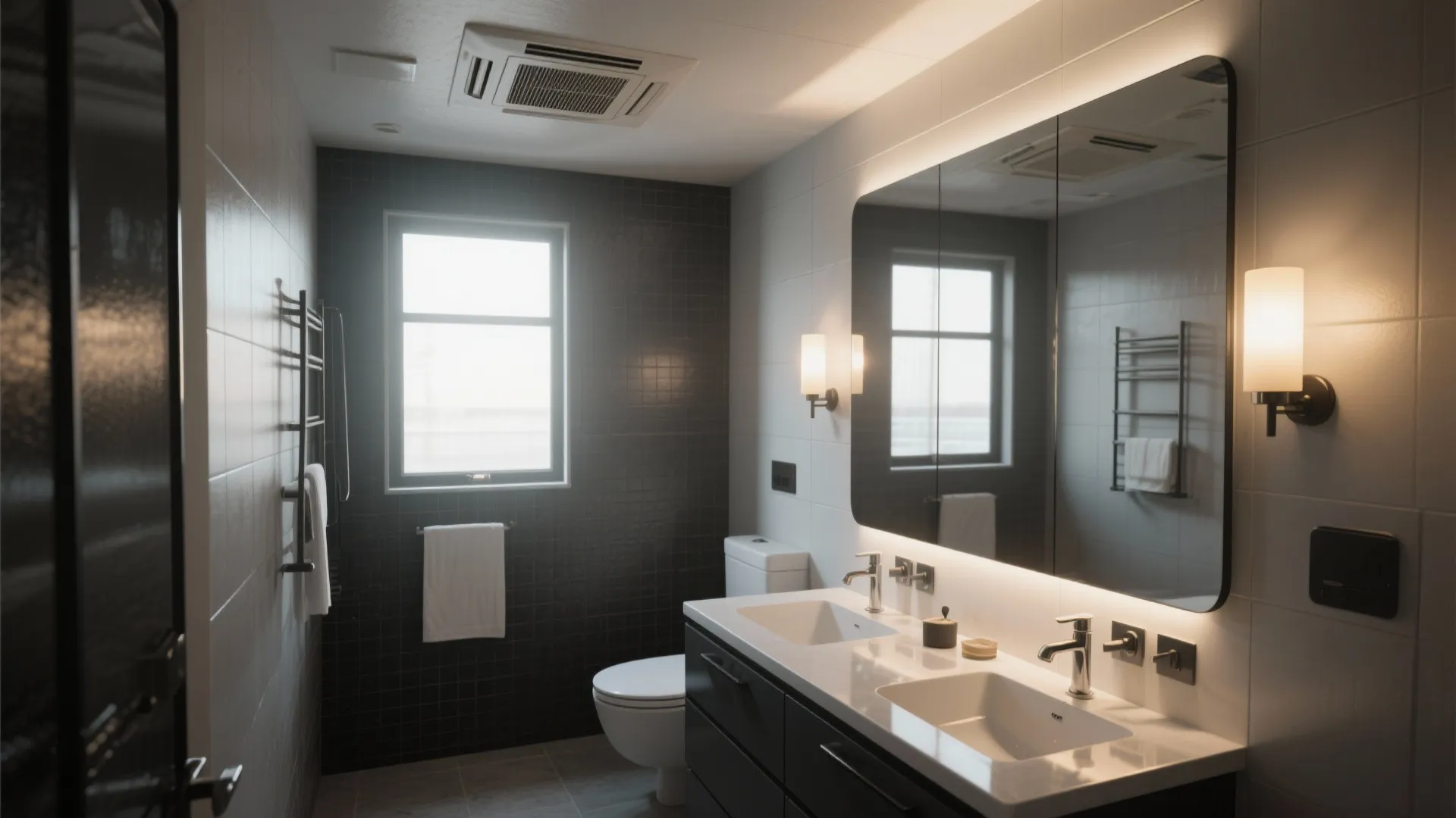 Modern bathroom with double sink cabinet lighted mirror wall light fixtures and dark tiled wall