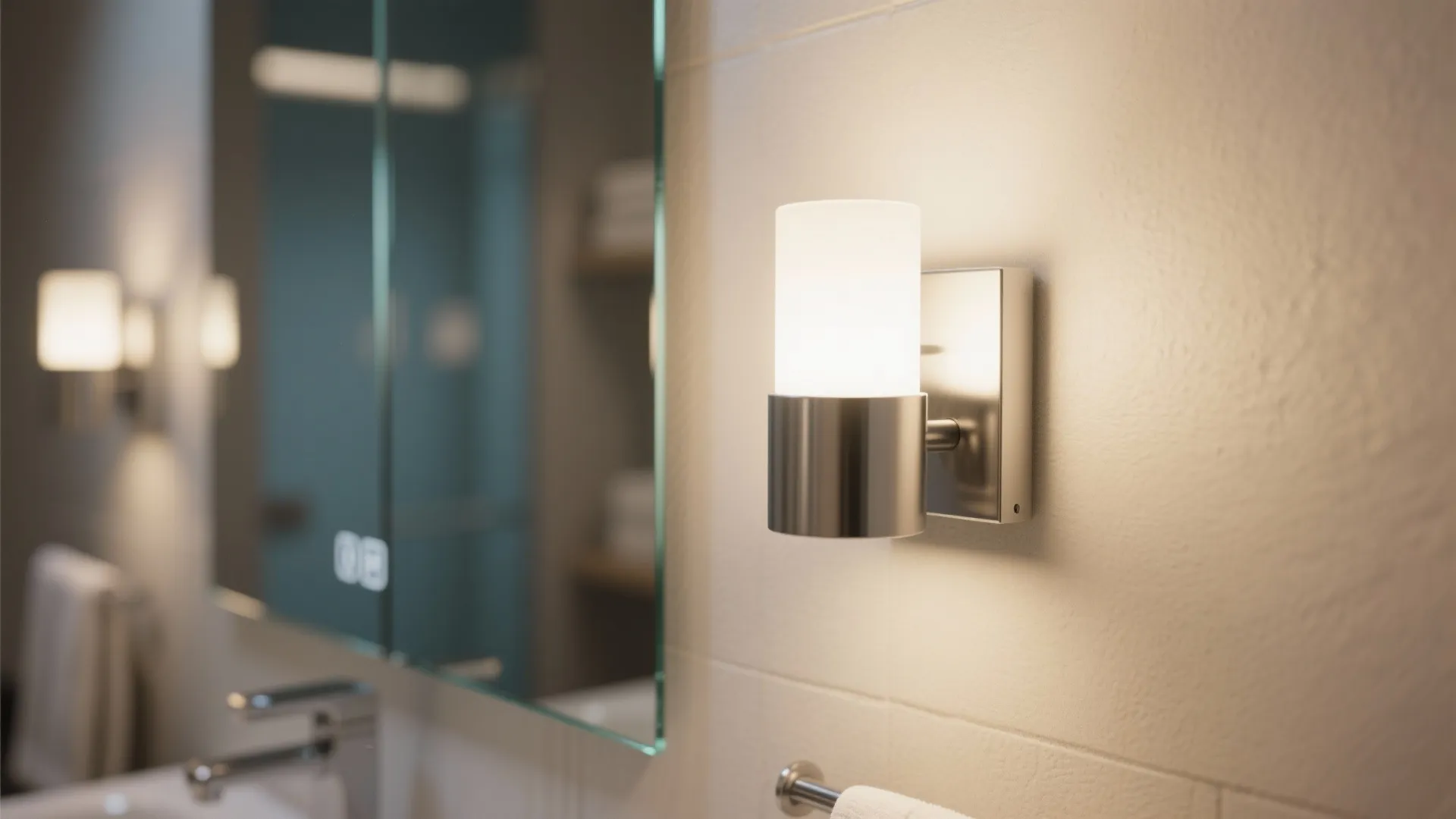 Modern bathroom wall light mounted next to a mirror with bright warm glow and faucet