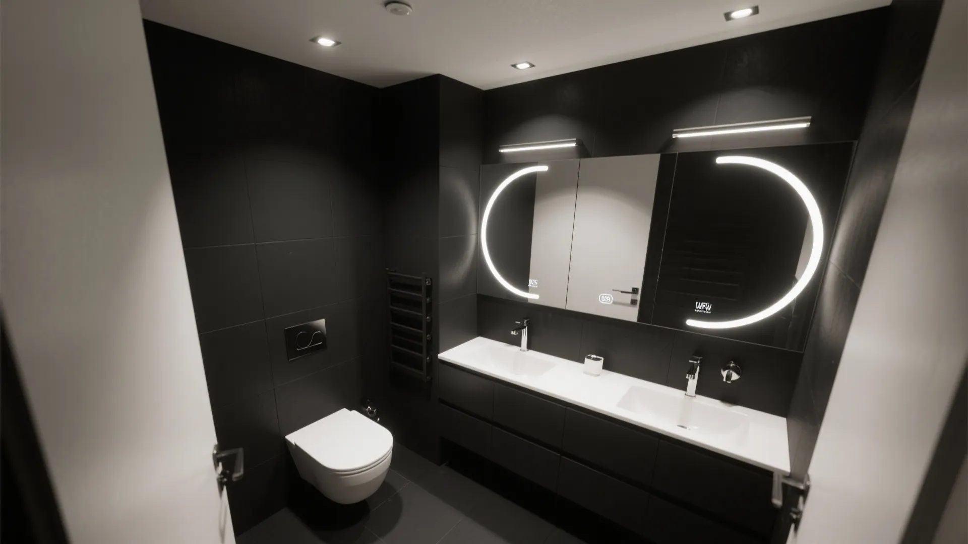Black bathroom with double white sinks two round lit mirrors white toilet and small lights